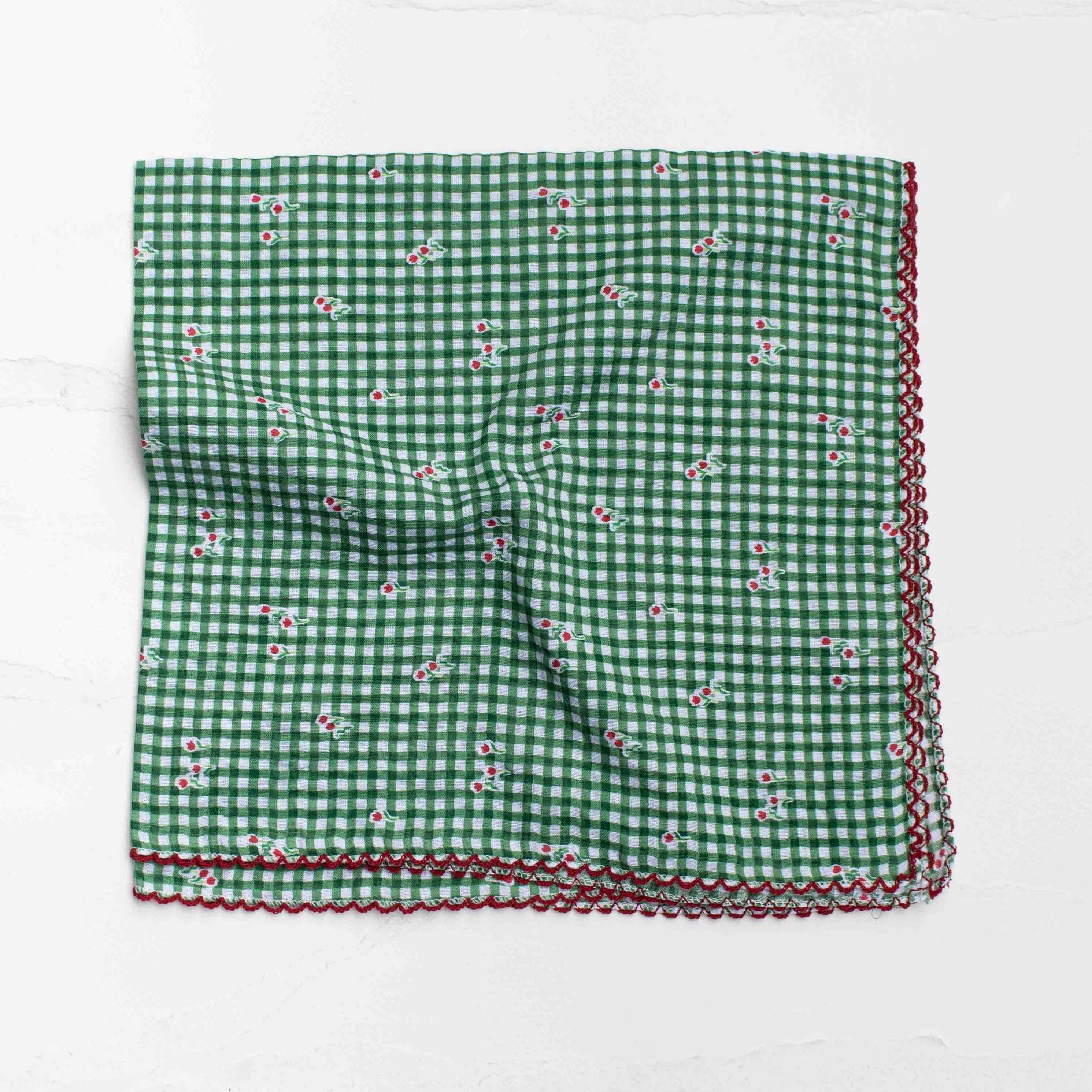 Gingham Floral Cotton Blend Scarf - green
