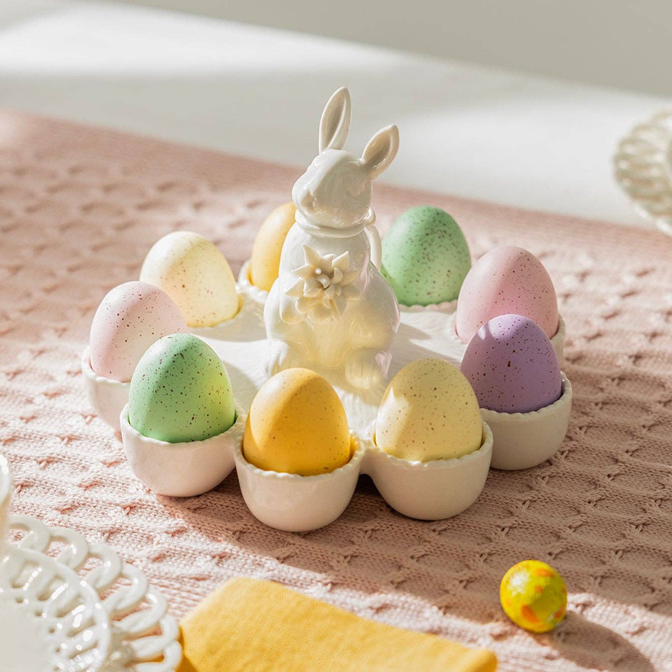 Bunny Figurine 9 Count Fine Porcelain Egg Basket Tray