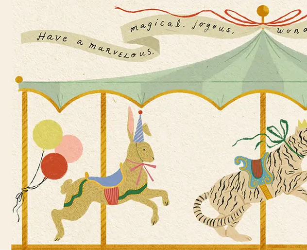 Illustration of a carousel with a horse and tiger, featuring balloons and a festive atmosphere.