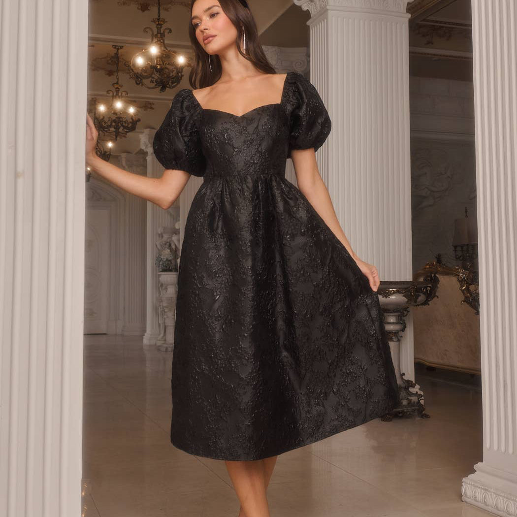 Your new dress bestie is here and is ready to be your plus one. One of our best-selling dresses with voluminous short puff sleeves framing a flattering fitted bodice with princess seams. Smocking takes place at the back to allow easy mobility. Perfect dress to pair with any heels of your choice.
Details:
Jacquard
Princess seam
Bubble sleeve
Smocked
Model is 5'9"" and wearing size XS
Measurements taken from size S - Chest: 16"" - Length: 40 3/4""