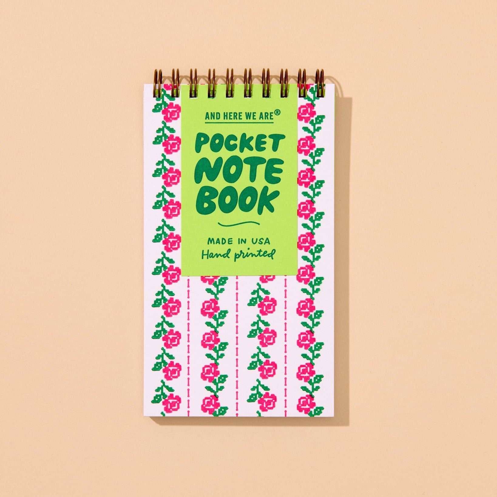 Perfect for Spring and Mother's Day gifting, this best-selling little letterpress spiral notebook is adorned with a hand printed delicate cross-stitched flower design, bringing a cozy vibe to all of your notes. A perfect, portable pocket-size size for everyday notes and lists, with 60 lined pages. Handmade in Columbus, Ohio, USA.
Details:
Small pocket size letterpress printed spiral notebook
3.5" x 6" size fits in your pocket or purse
Spiral bound with gold colored coil
60 lined interior pages