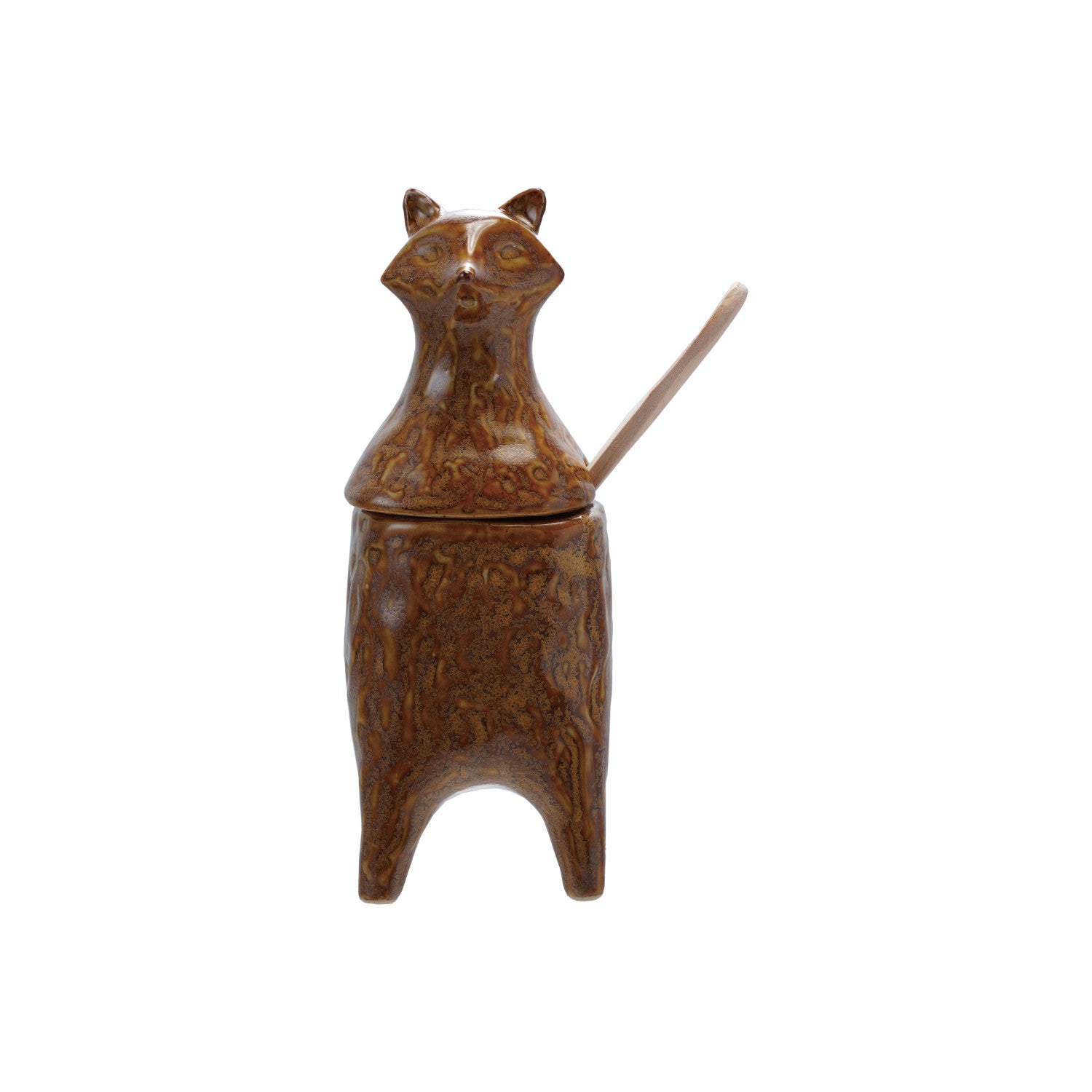 Stoneware Fox Shaped Jar with Lid & Wood Spoon, White (Each Will Vary)