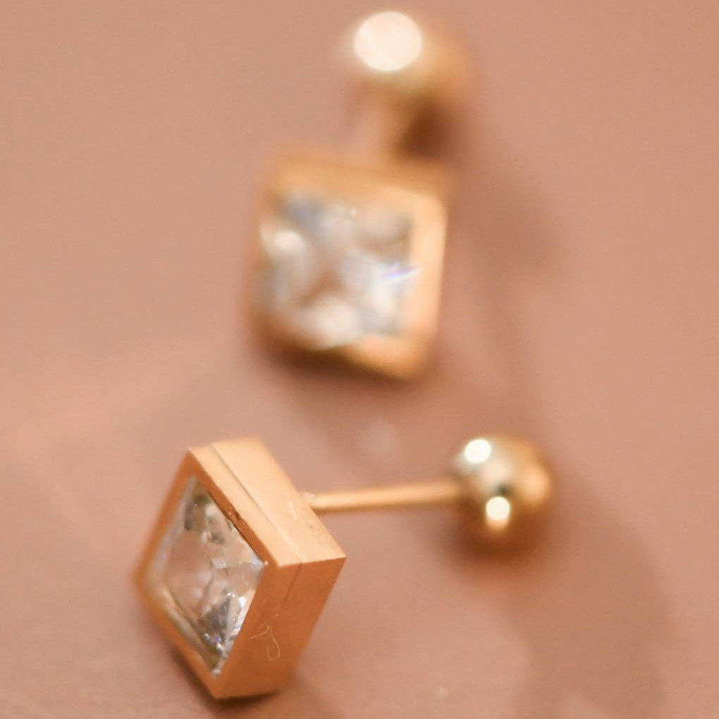 Gold Clear Crystal Square Stud Earrings