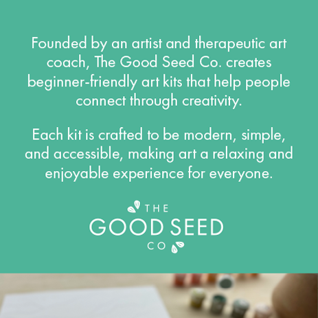 Promotional image for The Good Seed Co. with text about their art kits and a hand holding a paintbrush.