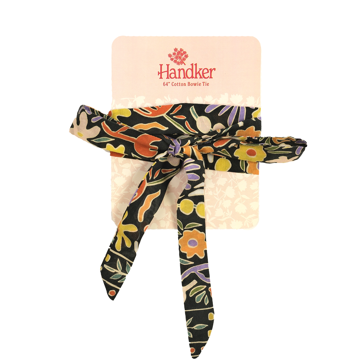 Floral patterned bow tie on a cardboard backing with 'Handker' branding.