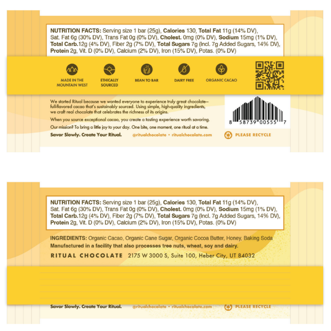 Nutrition facts and ingredients label on a chocolate bar packaging with a QR code and recycling information.