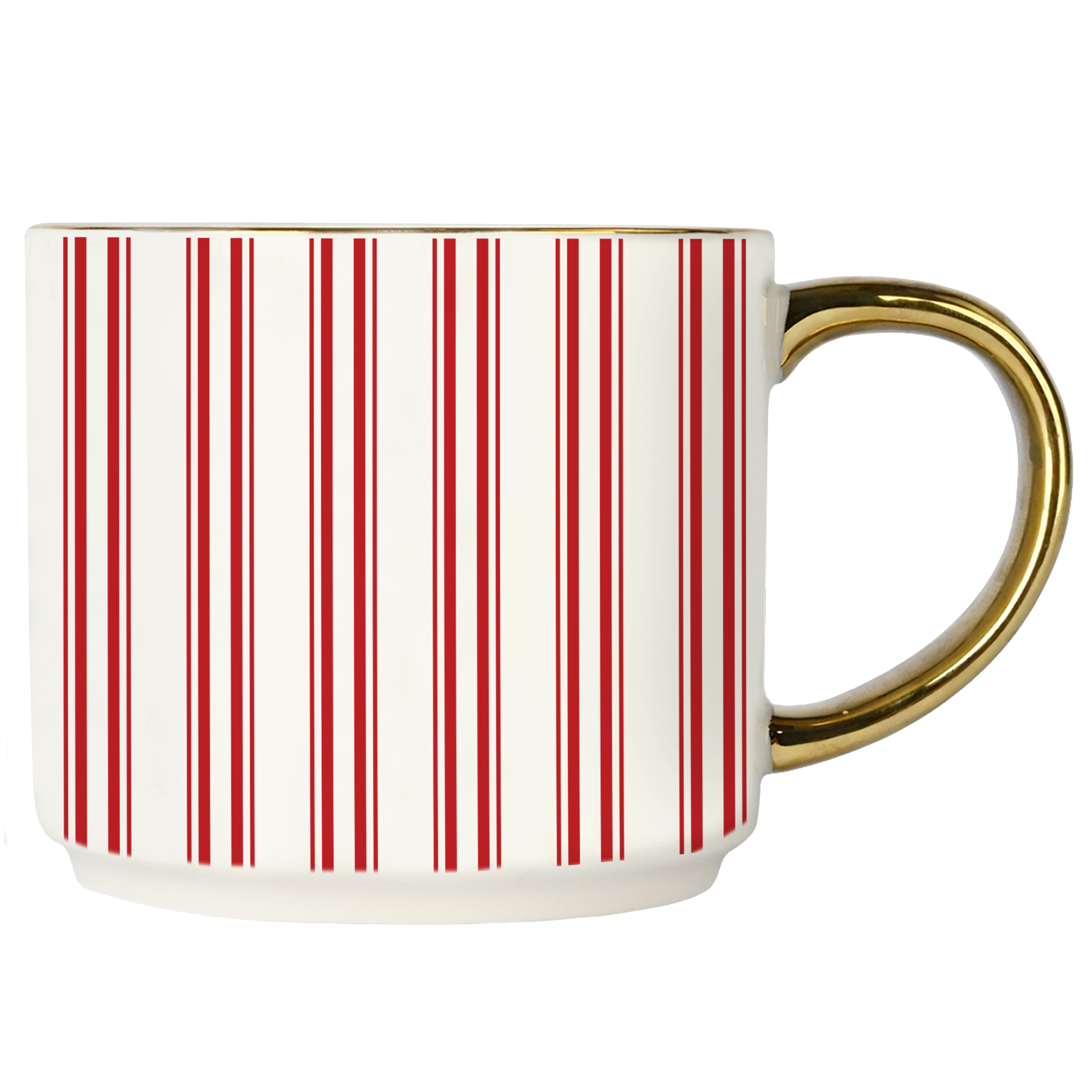 Mug with red vertical stripes and a gold handle on a white background