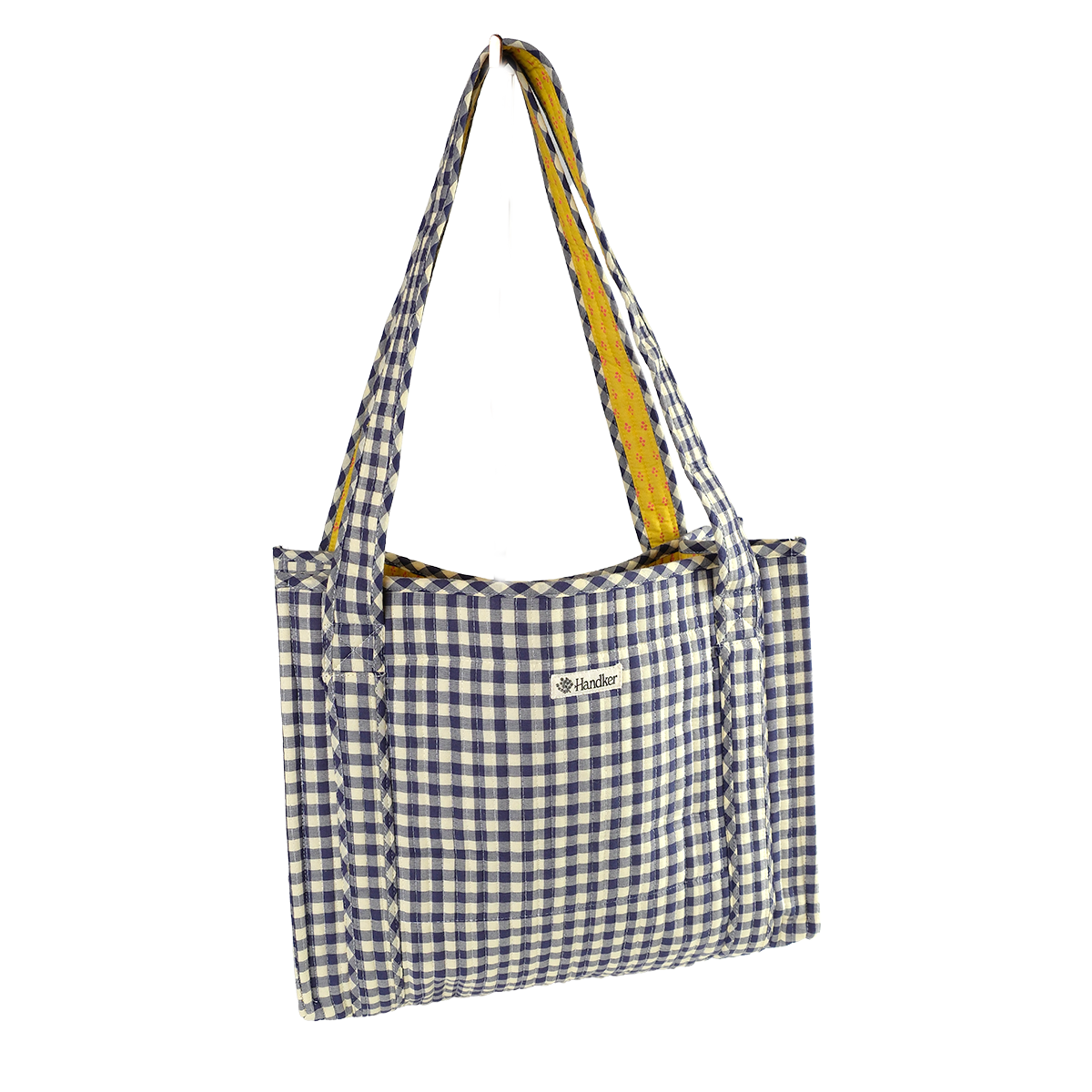Blue and white checkered tote bag with a yellow strap on a white background
