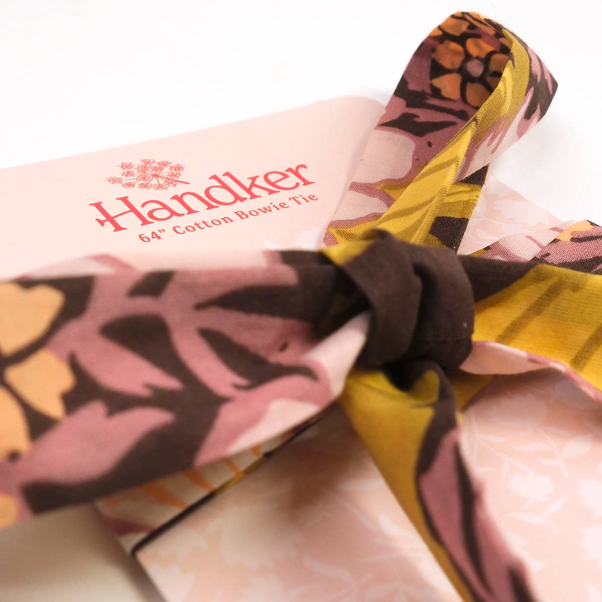 Colorful bow tie with 'Handler' branding on a white background
