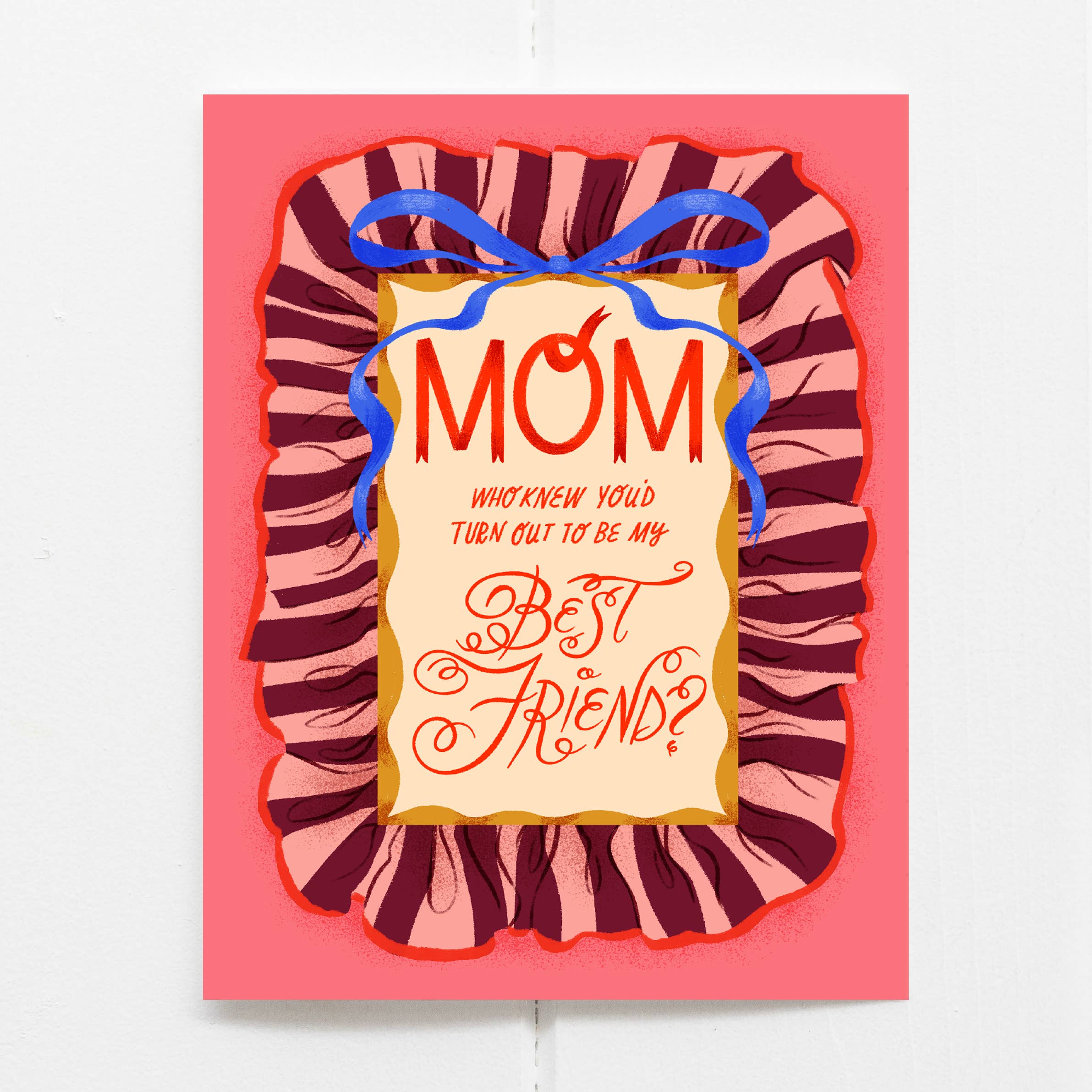 Greeting card with decorative border and text on a pink background