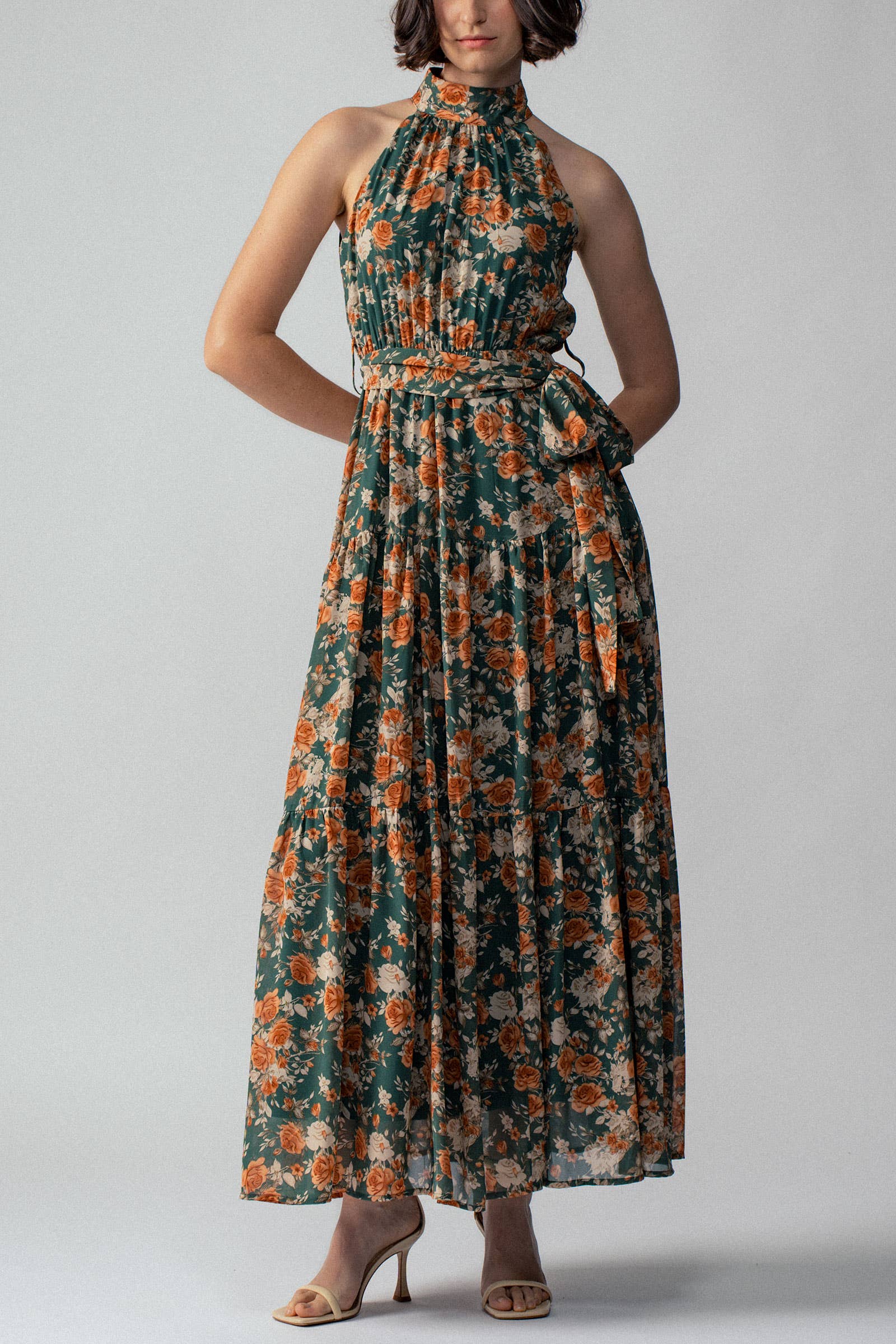 Halter Neck Floral Tiered Maxi Dress