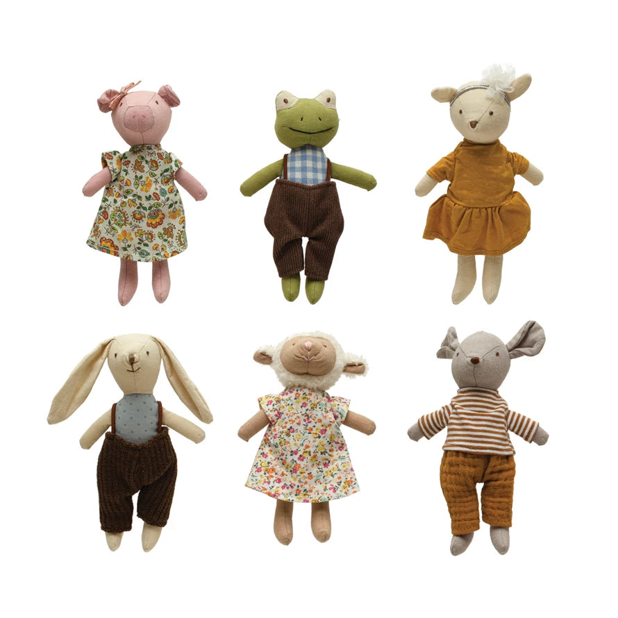 A collection of plush animals dressed in colorful clothes. The set includes plush representations of an animal with a pink dress, another with a green and brown outfit, a frog in a blue checkered shirt, a sheep in an orange dress, a rabbit in a brown suit, and a mouse in a striped shirt.