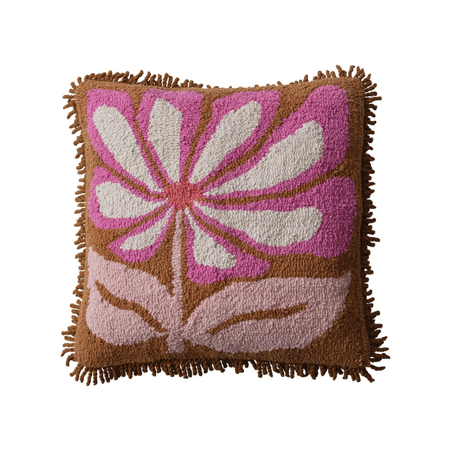 Square Cotton Tufted Pillow w/ Flower & Fringe