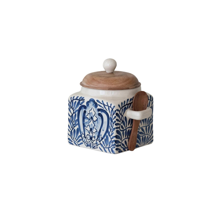 Blue & White Hand-Painted Stoneware Canister with Spoon