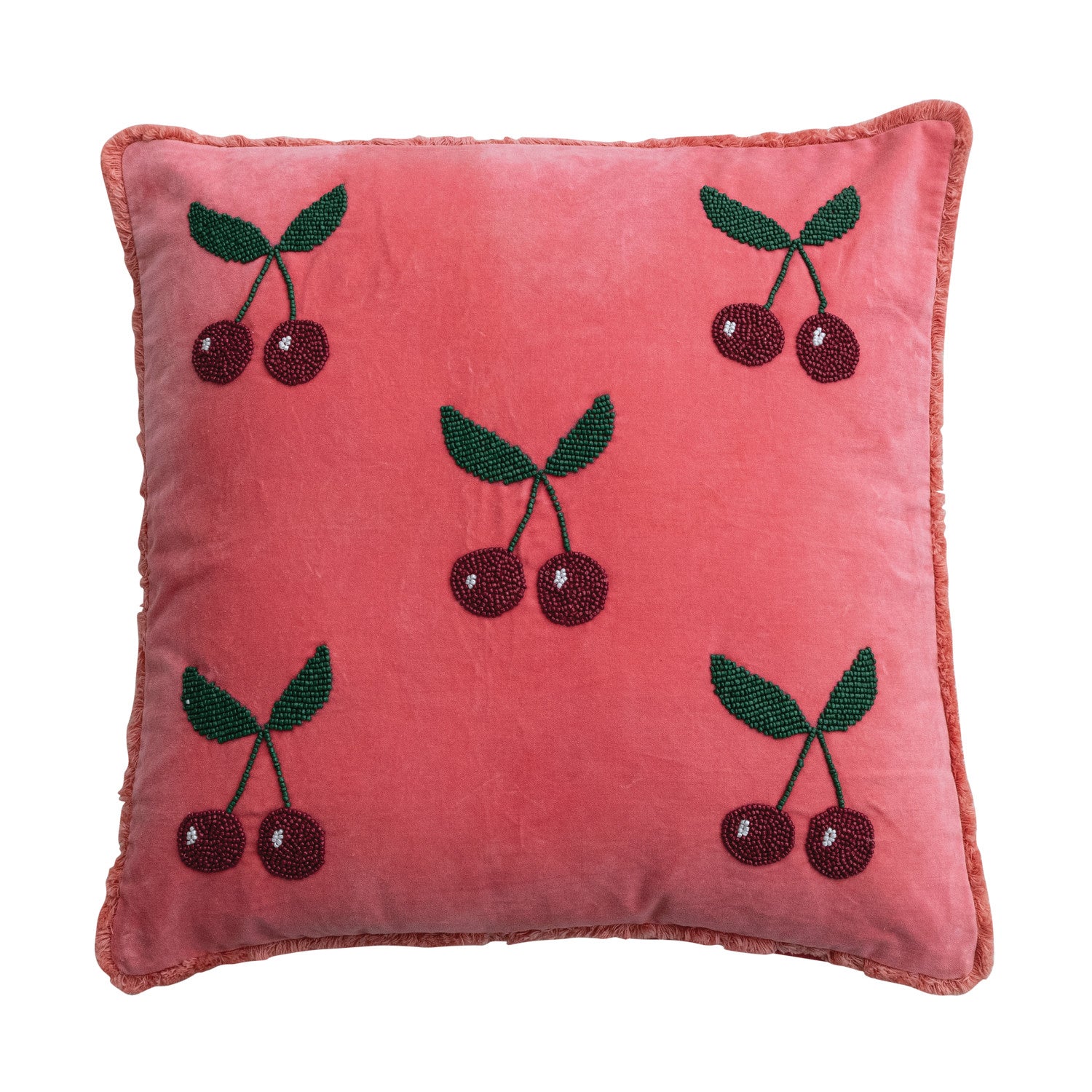 20" Square Cotton Velvet Pillow with Hand-Beaded Cherries & Tufted Fringe, Pink, Red & Green