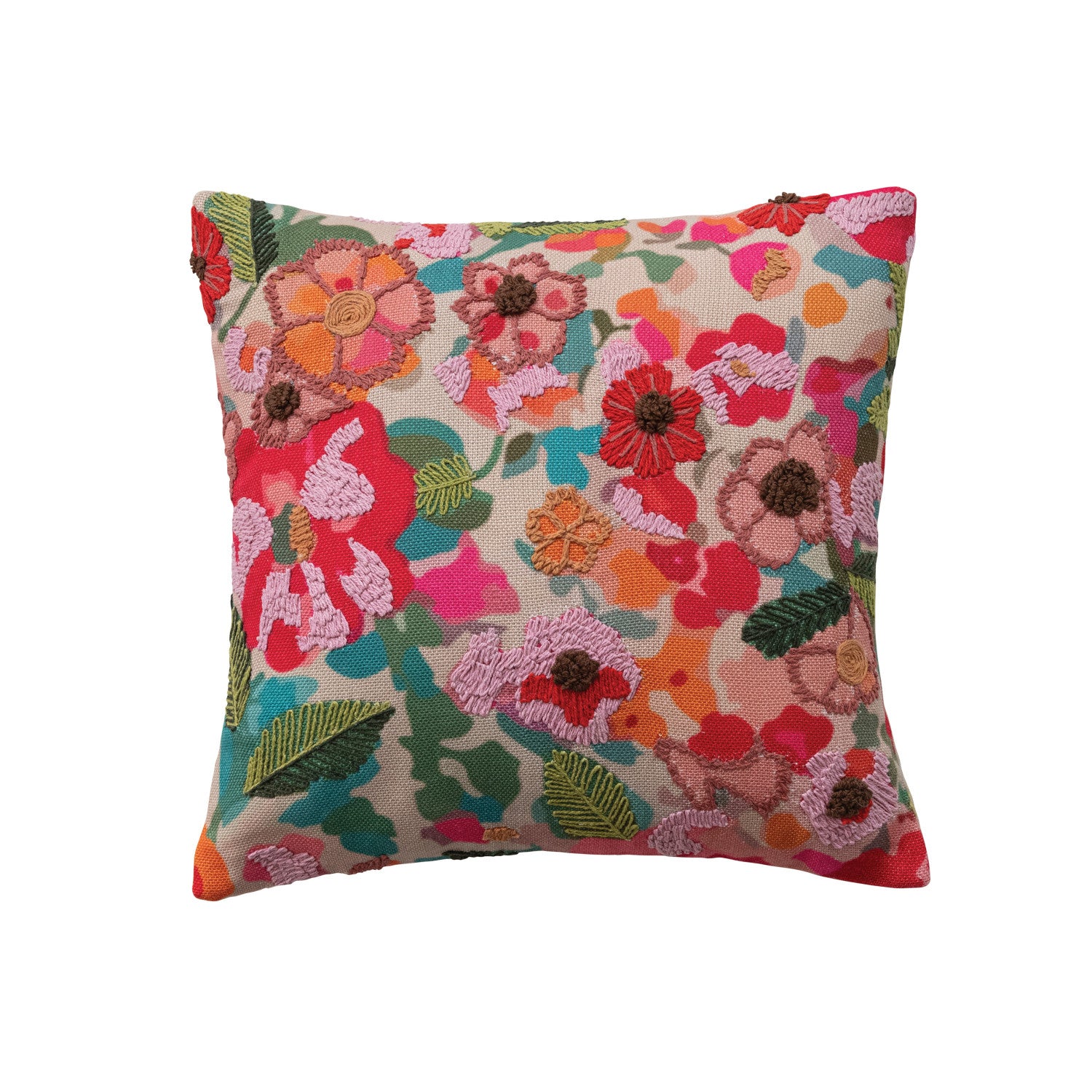 18" Square Fabric Pillow with Flowers, Embroidery & Cotton Back