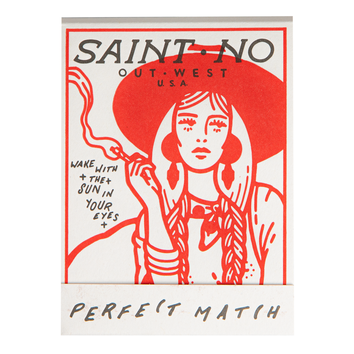 A matchbox-style product package with a white background and bold red graphic illustration. The top reads 'SAINT-NO OUT-WEST U.