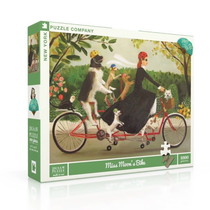 Miss Moon takes her dogs out for a creative bike ride.
Details:
From Wise Words From A Dog Governess by Janet Hill
1000 Piece Jigsaw Puzzle
Finished Puzzle Size: 26.625"x19.25"
Linen Style Finish to reduce glare
Made in USA
Recommended Age: 13+ Years