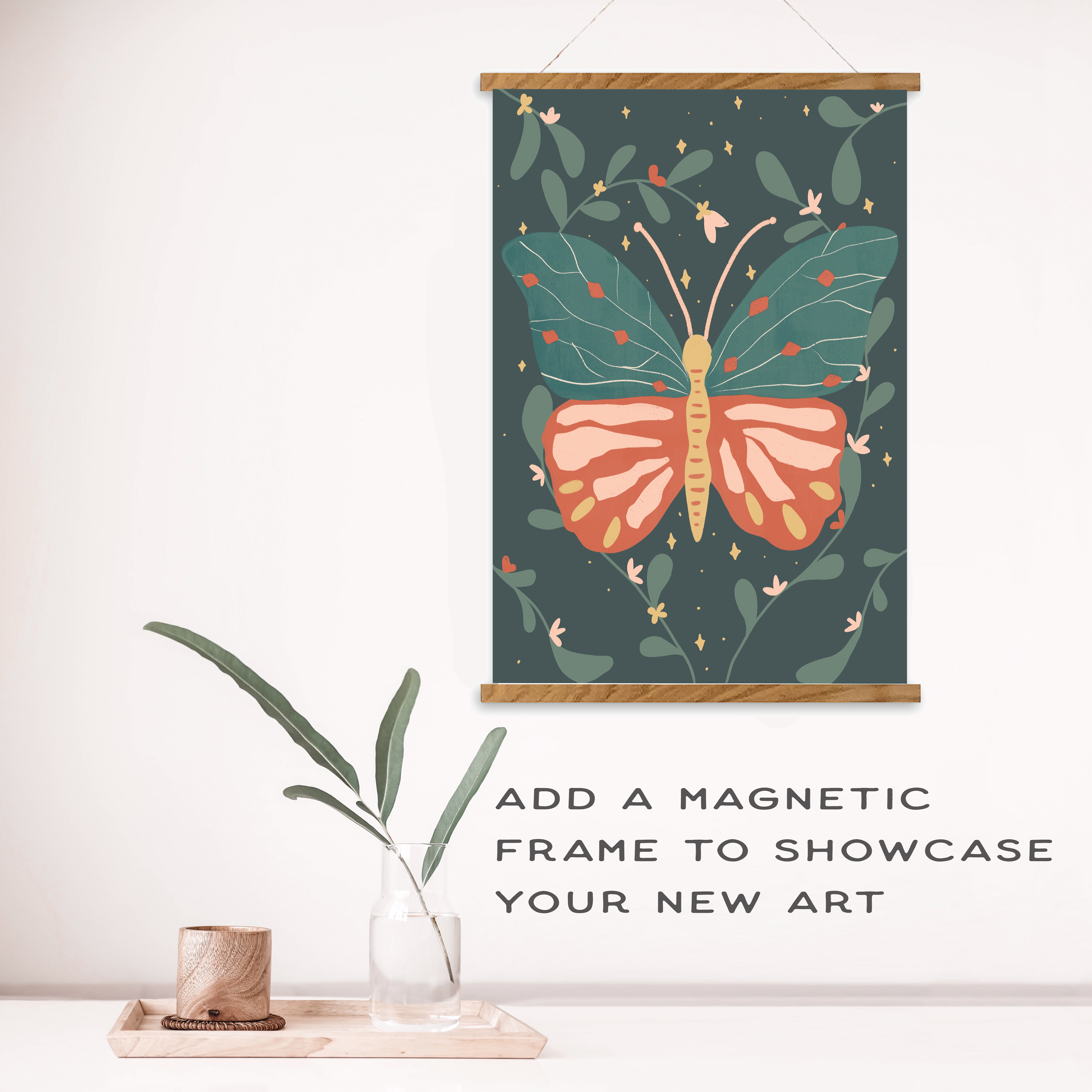 Butterfly art print on a wall with decorative elements.