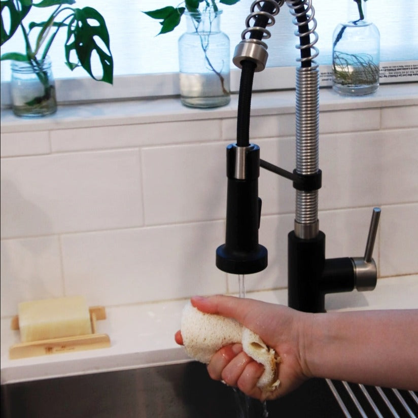 100% biodegradable Loofah Dish Sponges replace traditional foam and plastic sponges for dishwashing and household cleaning. Made from 100% loofah plants!  Comes in a 3-pack!  Expands in size and softens in water to work like a typical dish sponge, but without the plastic waste.