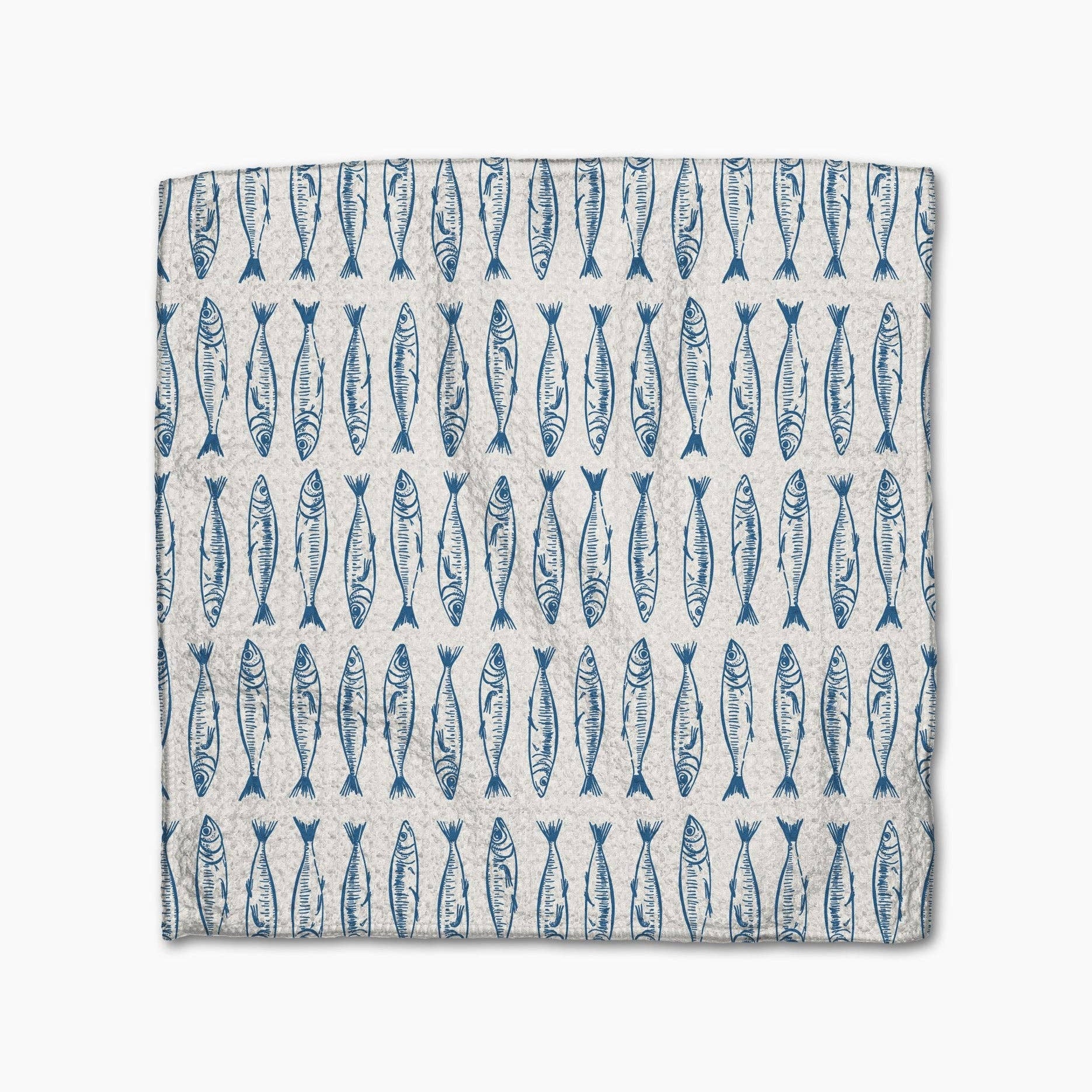 Fabric with blue fish pattern on a white background