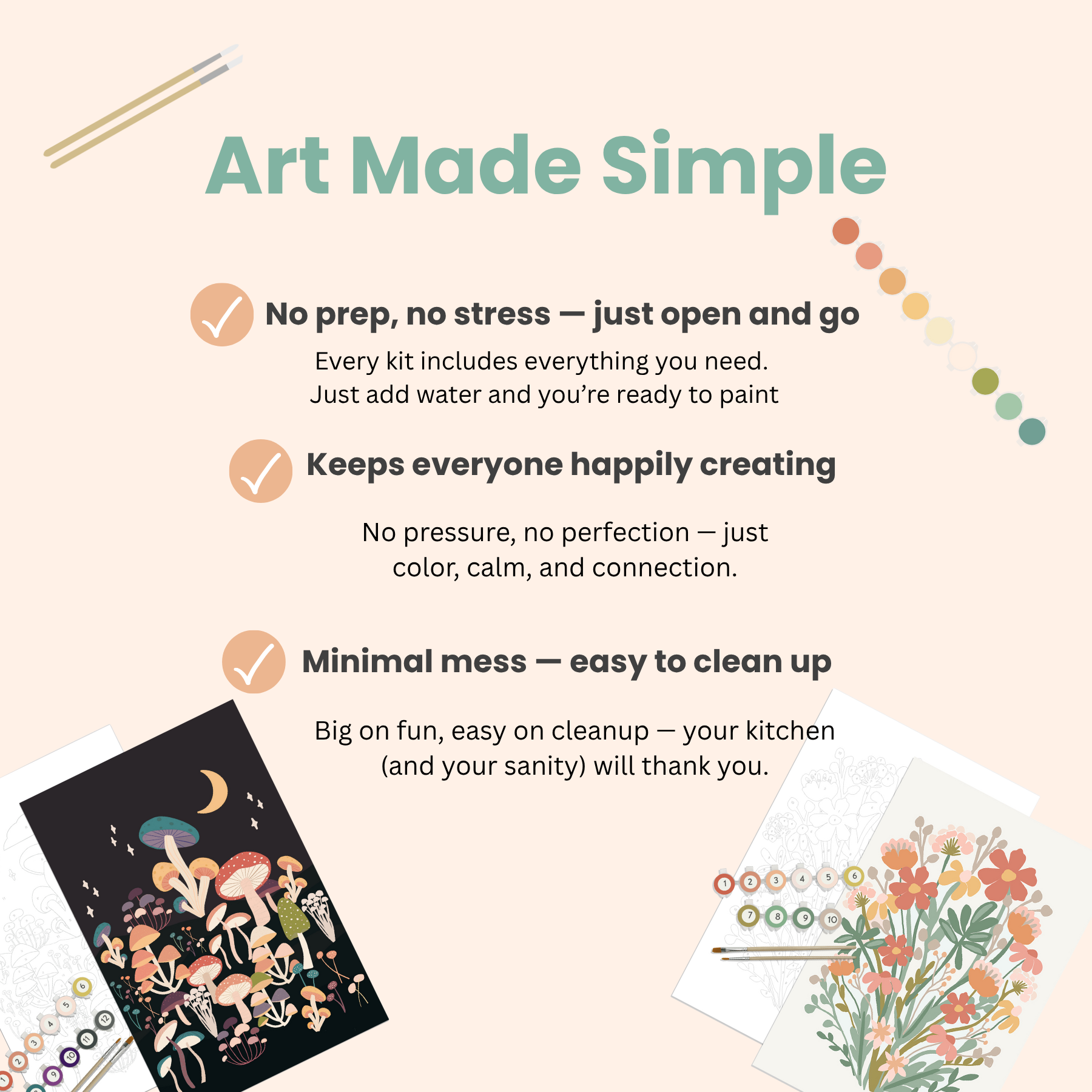 Promotional text for 'Art Made Simple' art kit with two sample artworks on a light background.