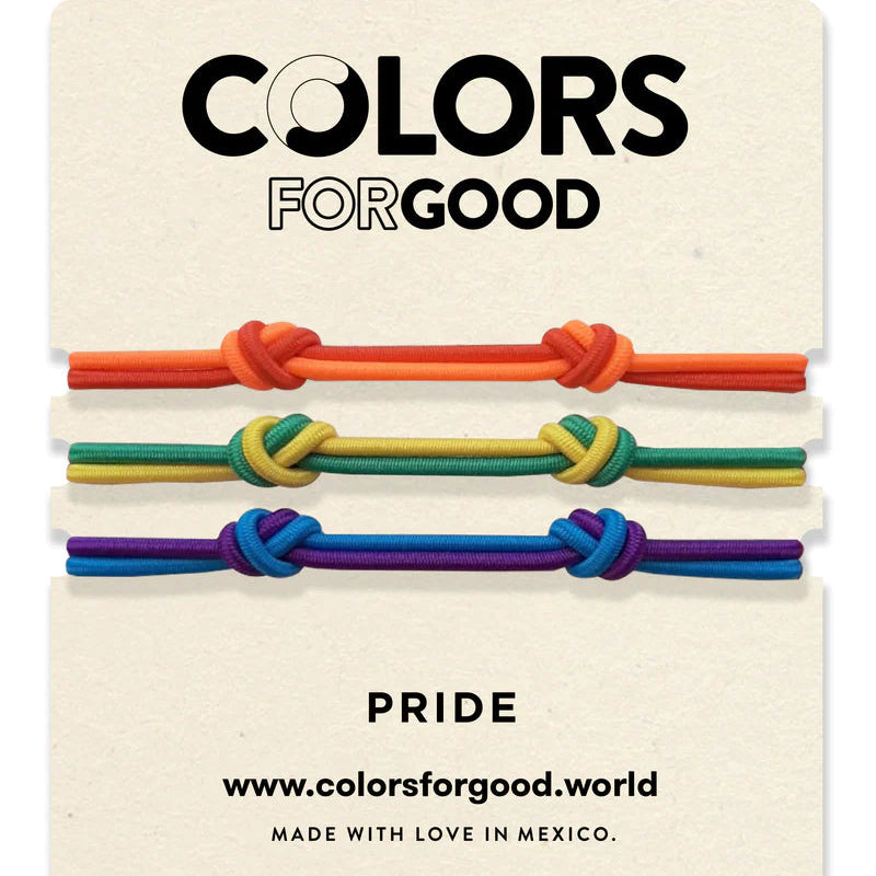 Three colorful bracelet knot designs displayed on a card with the Colors For Good brand logo and the word 'PRIDE' in capital letters.