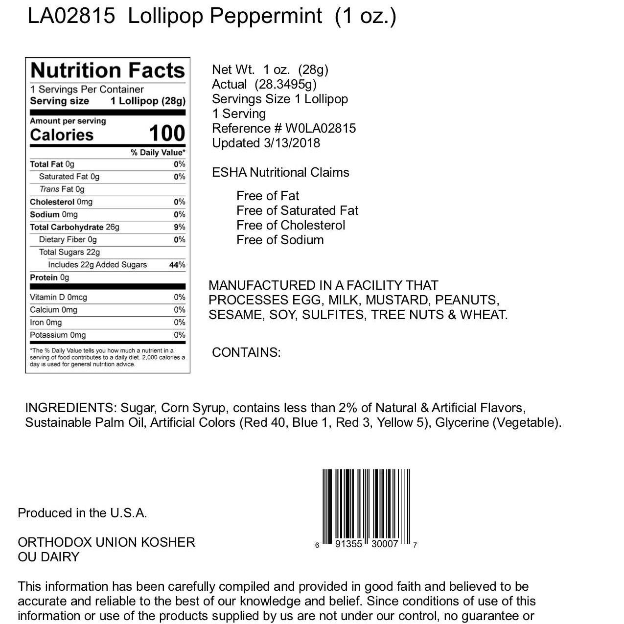 Nutrition facts label and ingredient list for a lollipop on a white background