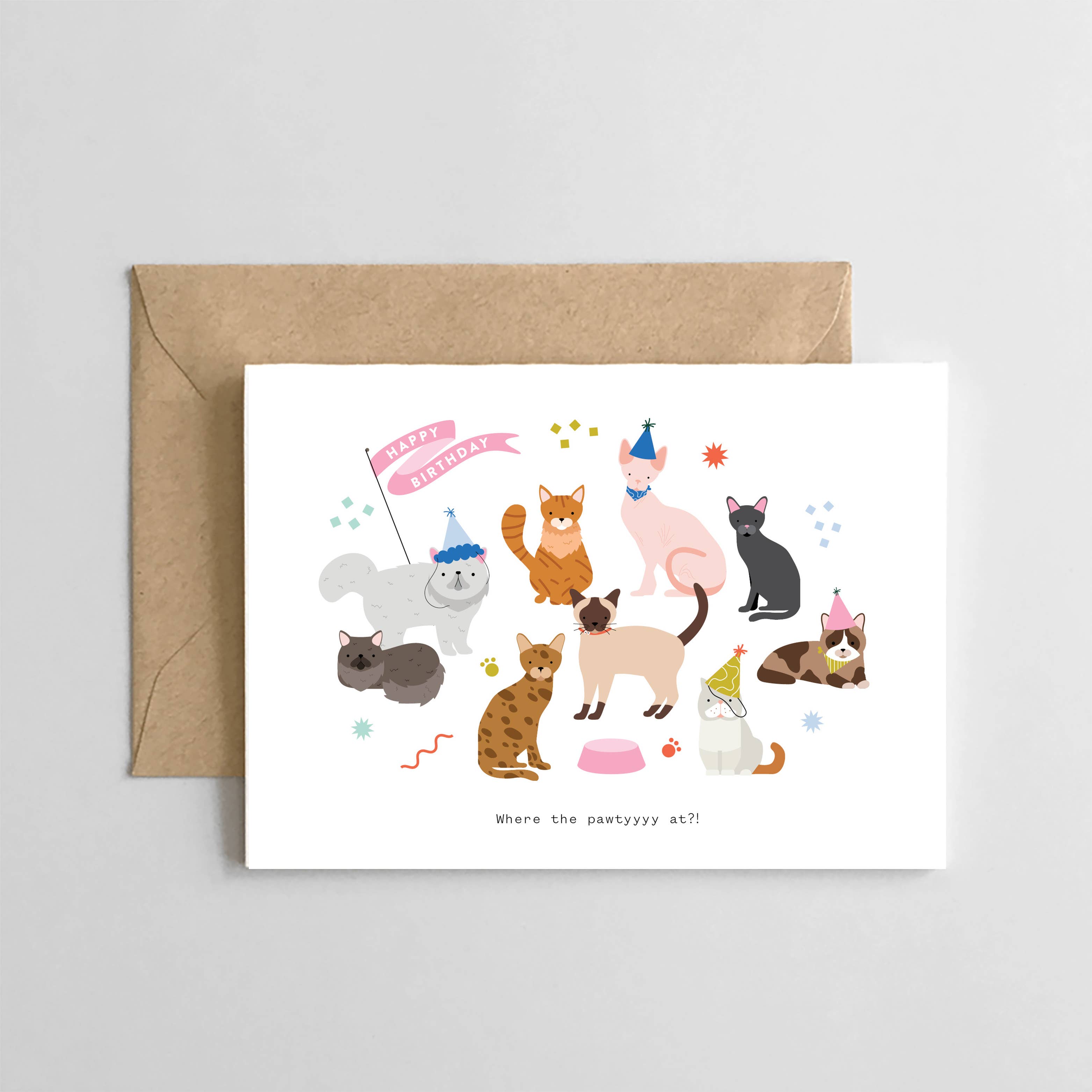 This playful "Where the Pawwwwty At?" greeting card is perfect for celebrating the animal lovers in your life. Featuring a charming design that's sure to bring smiles, it's ideal for pet birthdays, adoption anniversaries, or just to brighten someone's day. Crafted with care, this card provides a heartfelt way to connect with fellow pet enthusiasts while showing your thoughtful side.