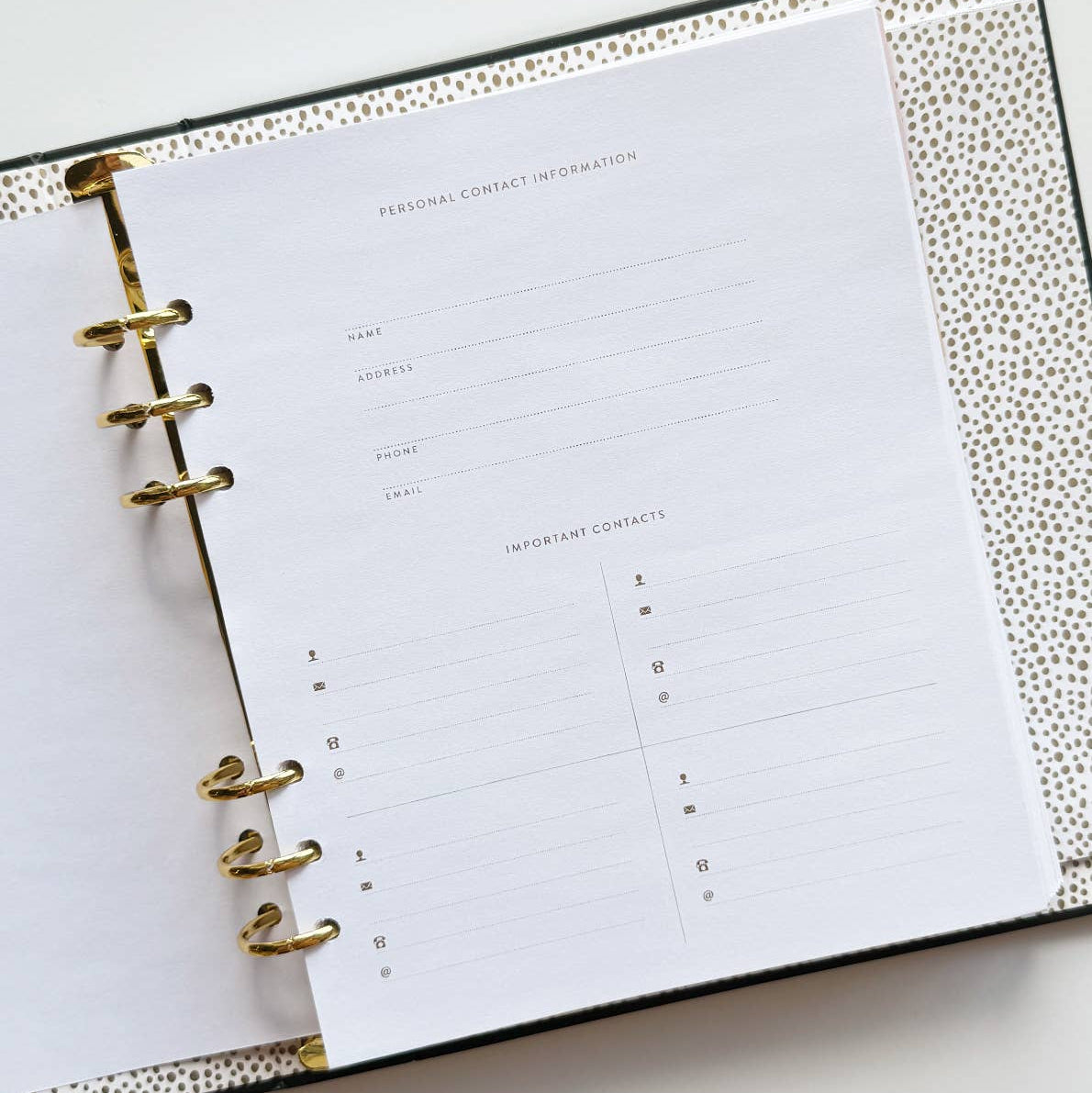 Planner with gold binding on a white background