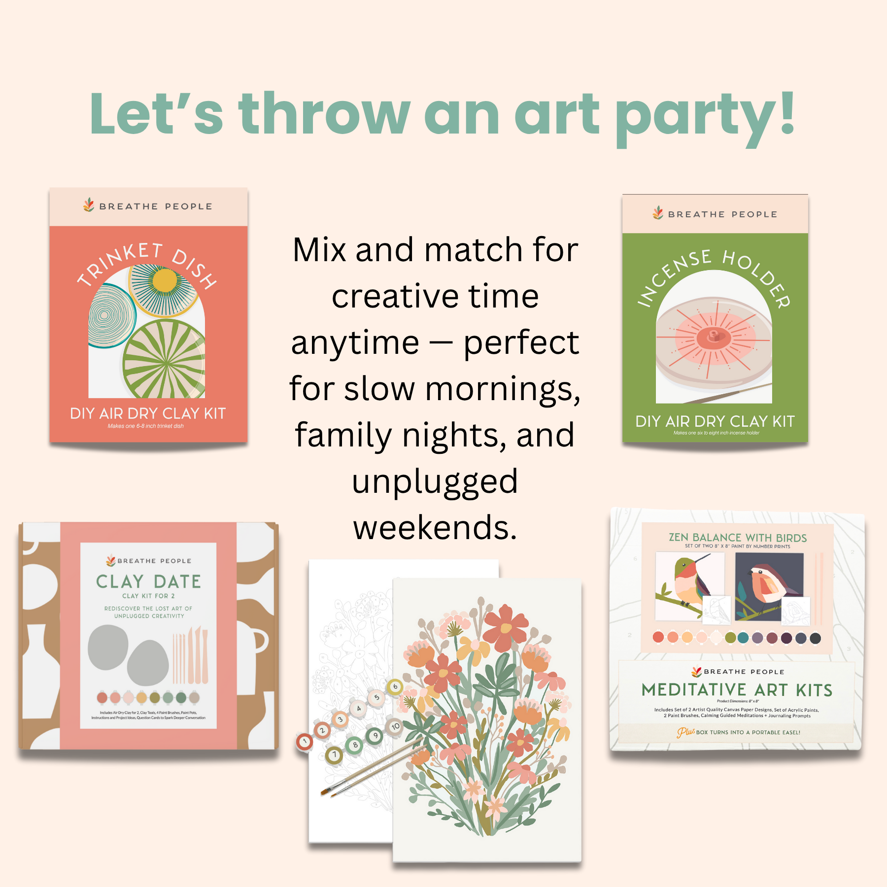 Collection of art party kits with text promoting creative activities.