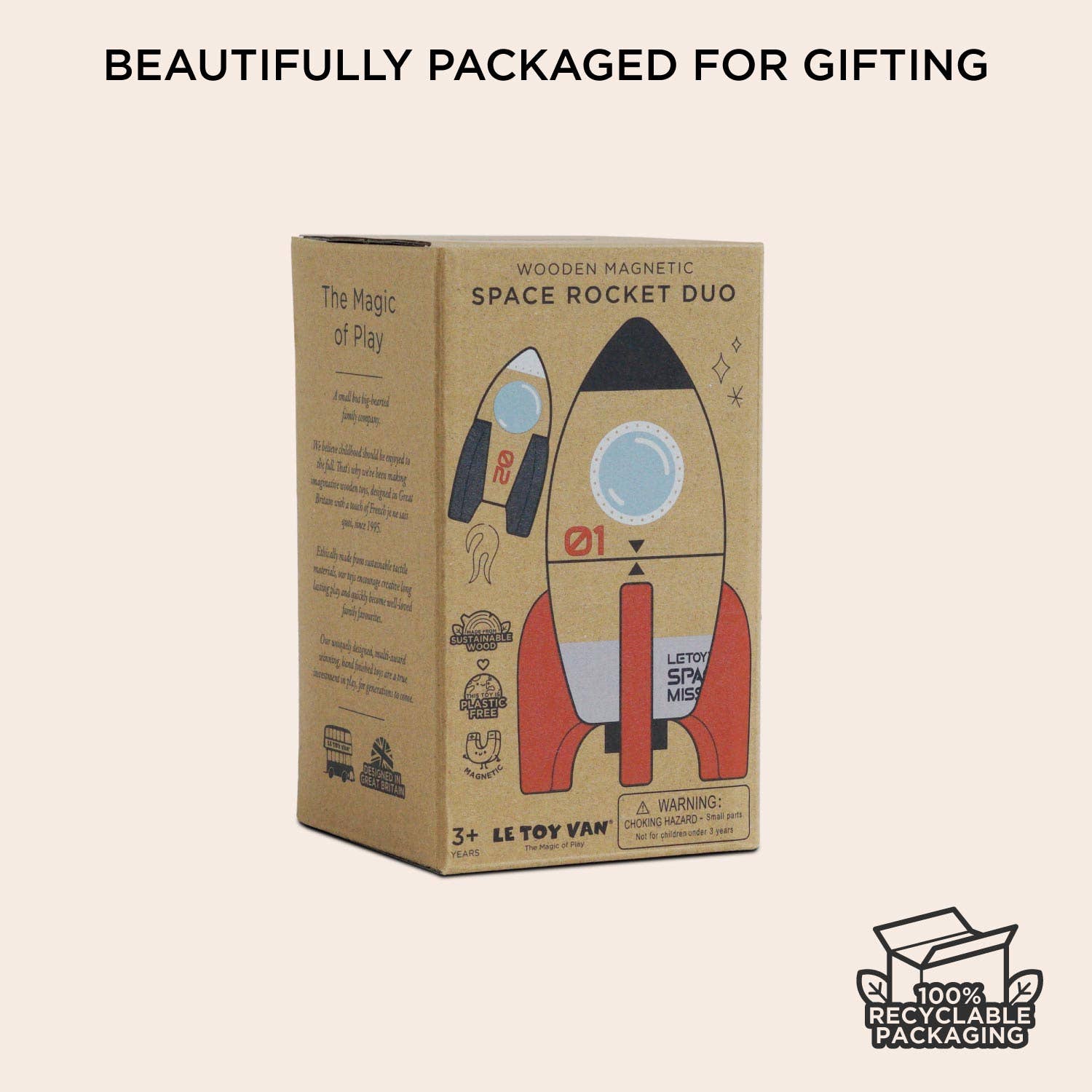 Cardboard box packaging for 'Space Rocket Duo' toy with rocket design on a beige background.