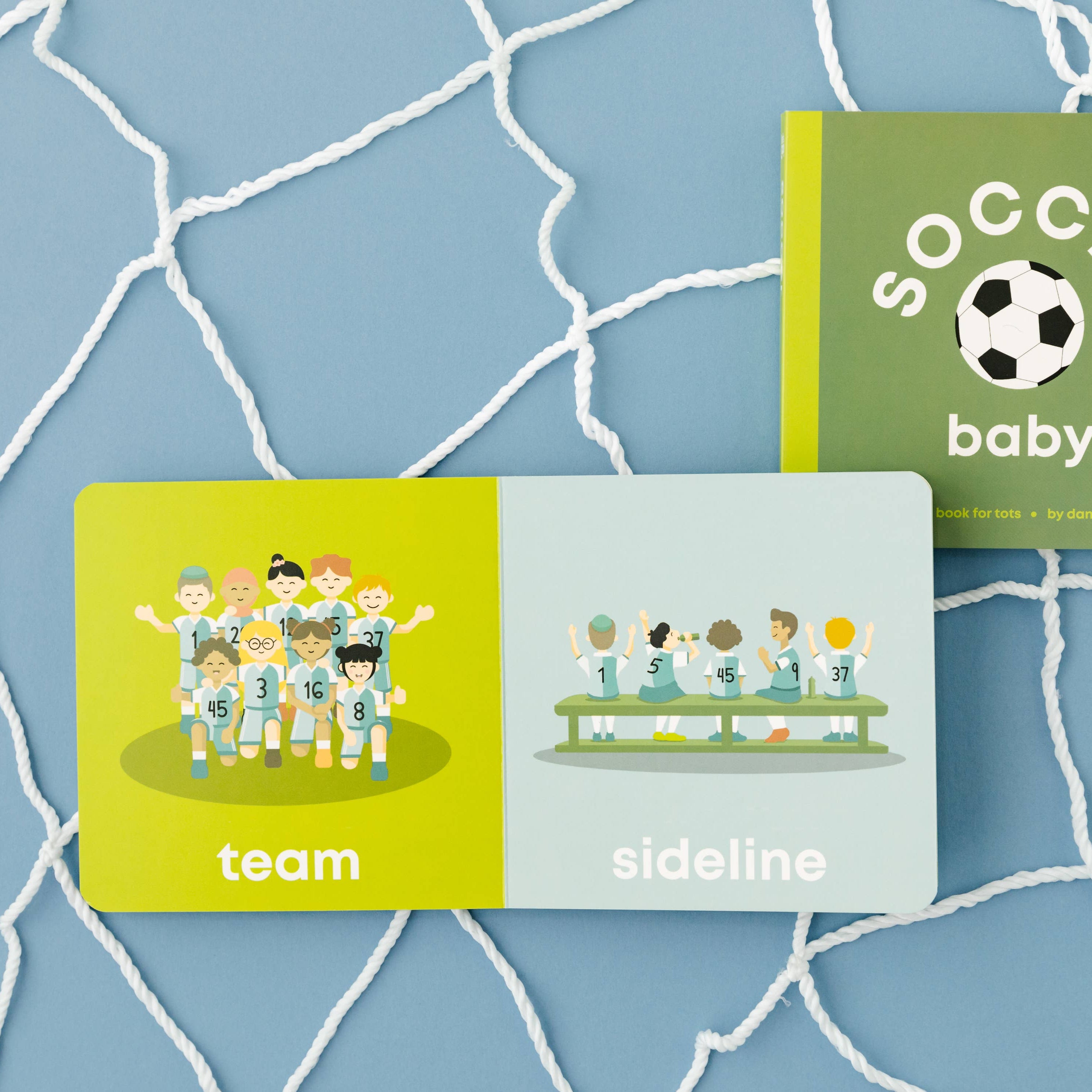 Two children's books titled 'team', 'sideline', and 'SOCCER baby' on a blue textured background.