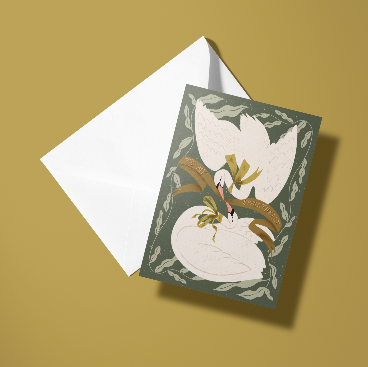 Greeting card with swan design on a brown background