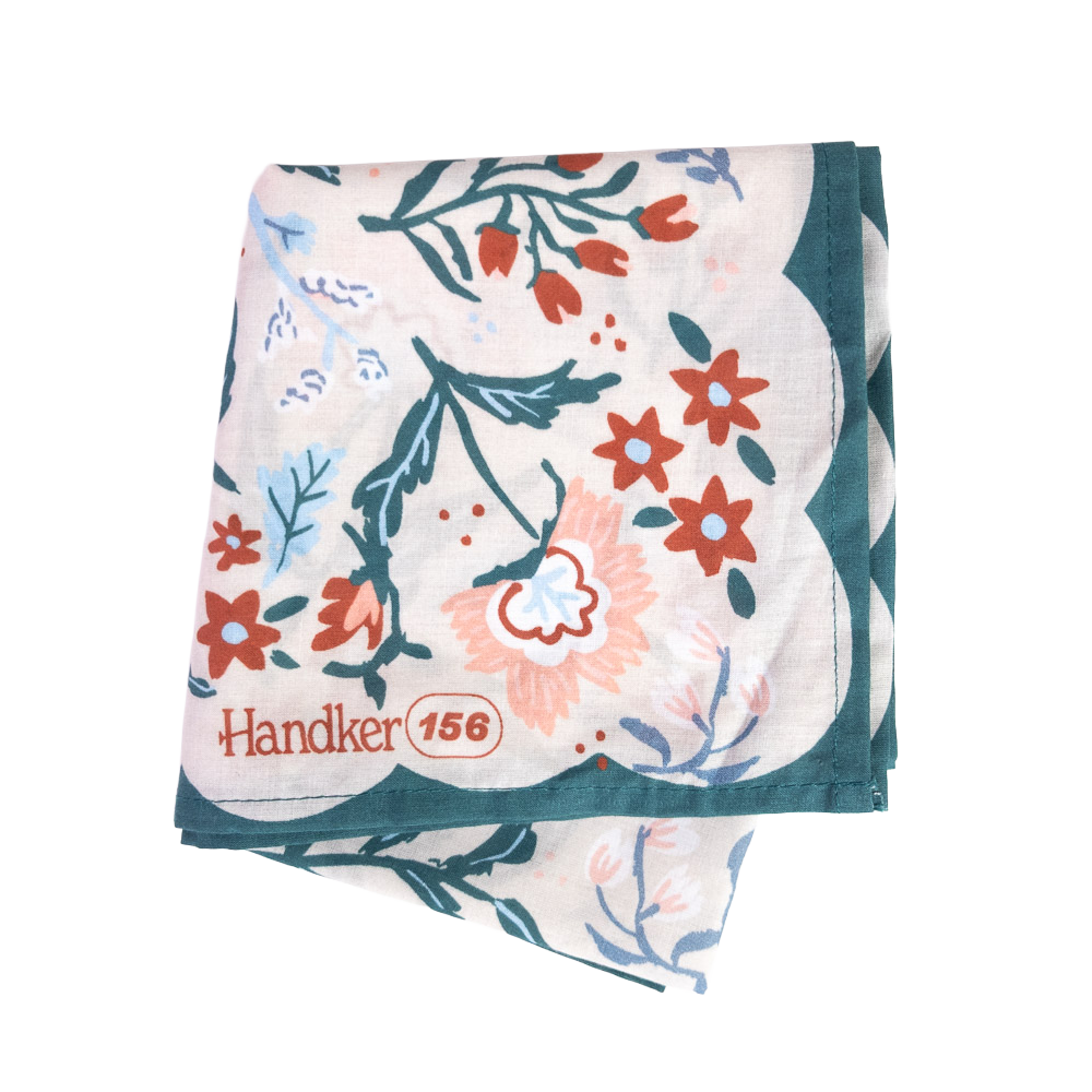 Floral patterned handkerchief with 'Handker 156' branding on a white background