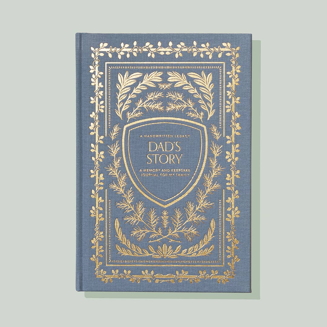 A keepsake memory book titled 'Dad Story', featuring a blue cover with gold decorative elements and text.