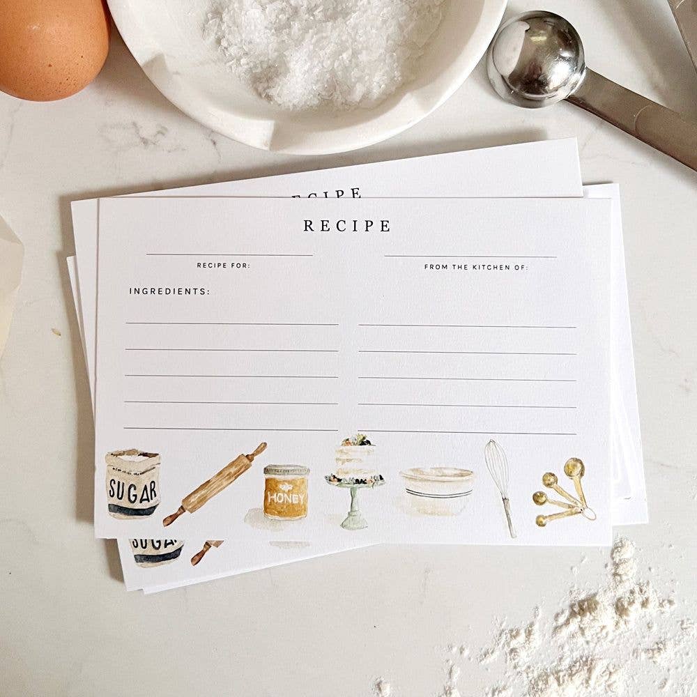 Write down your favorite recipes on the Baking Recipe Cards. There are 12 cards with space for ingredients on one side and instructions on the back.
Details
Set of 12 recipe cards
4" x 6"
Printed on eggshell textured paper
Original watercolor artwork by Emily Lex
