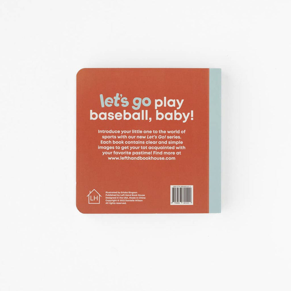 Book with 'let's go play baseball, baby!' text on a white background