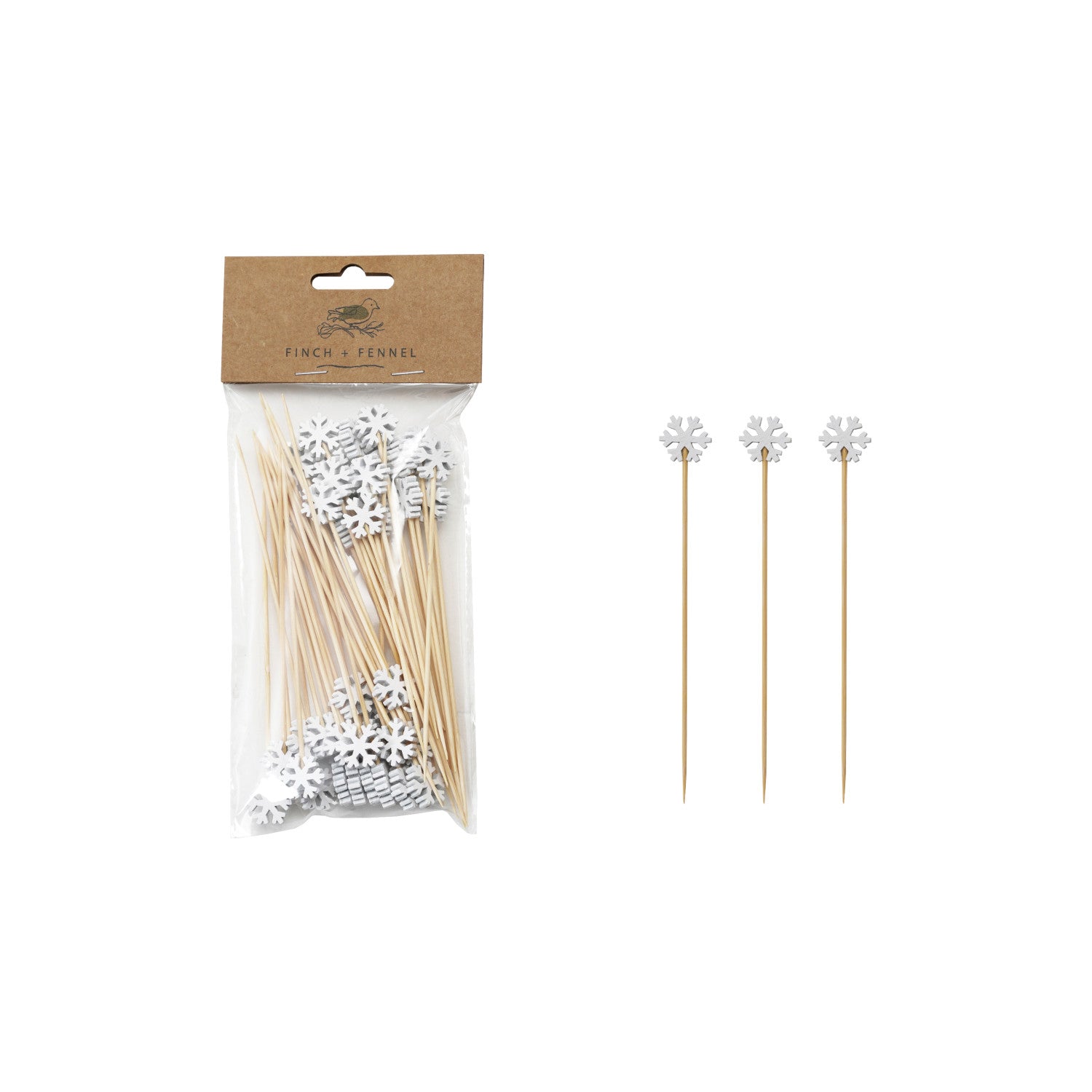 Add a touch of winter charm to your appetizers and cocktails with this set of 50 bamboo single-use skewers. Each skewer features a delightful snowflake-shaped handle, perfect for holiday parties, winter events, or any occasion that calls for a festive flair. These skewers are a sustainable and stylish way to serve small bites and garnishes.