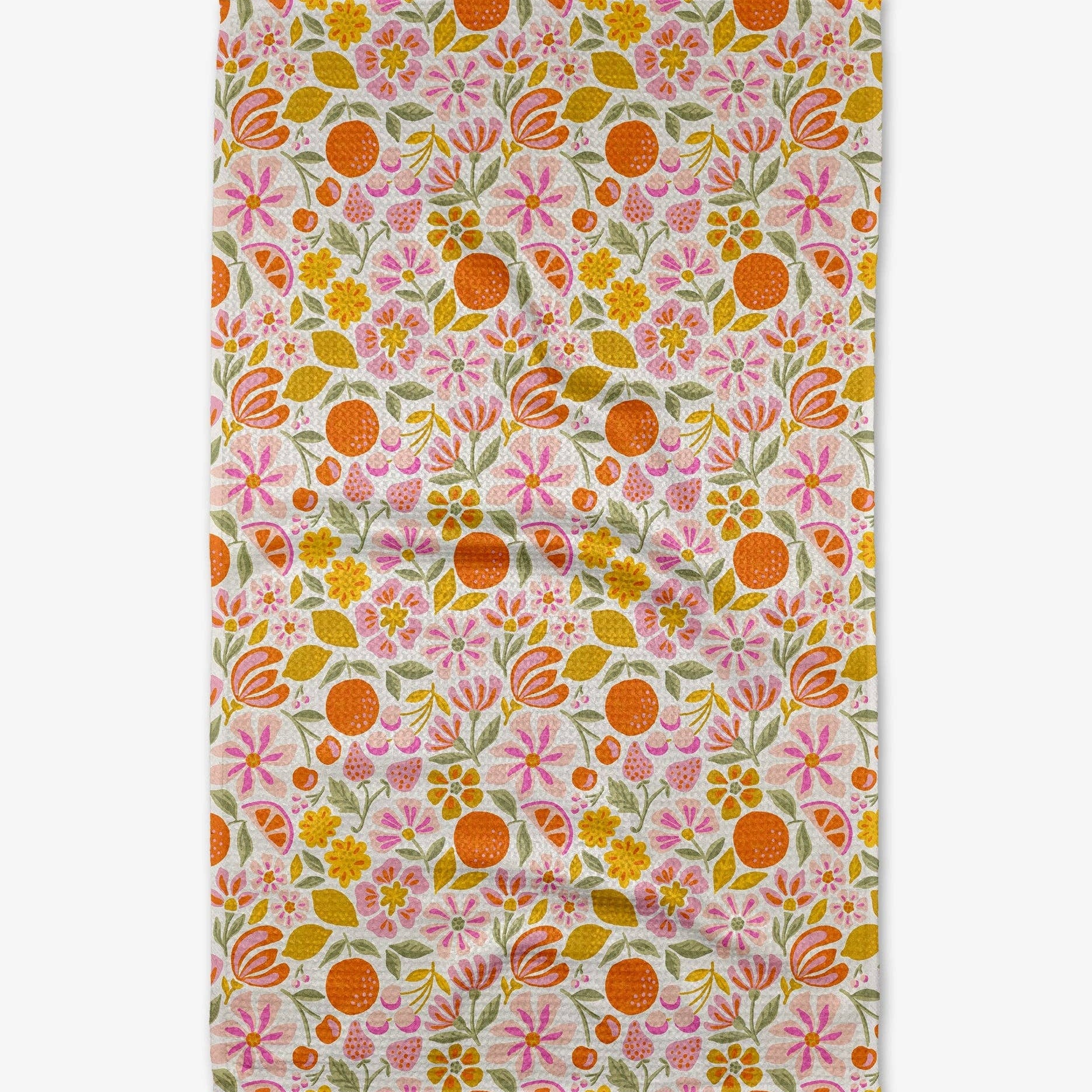 Floral patterned fabric swatch with pink, orange, and green colors on a white background