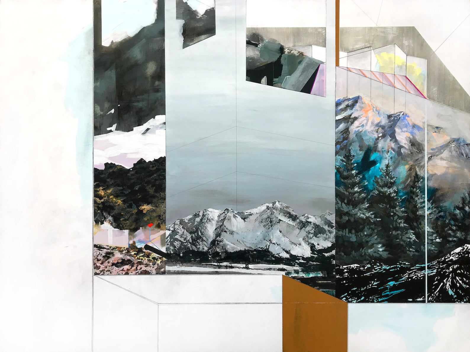 mountain scene with abstract shapes.