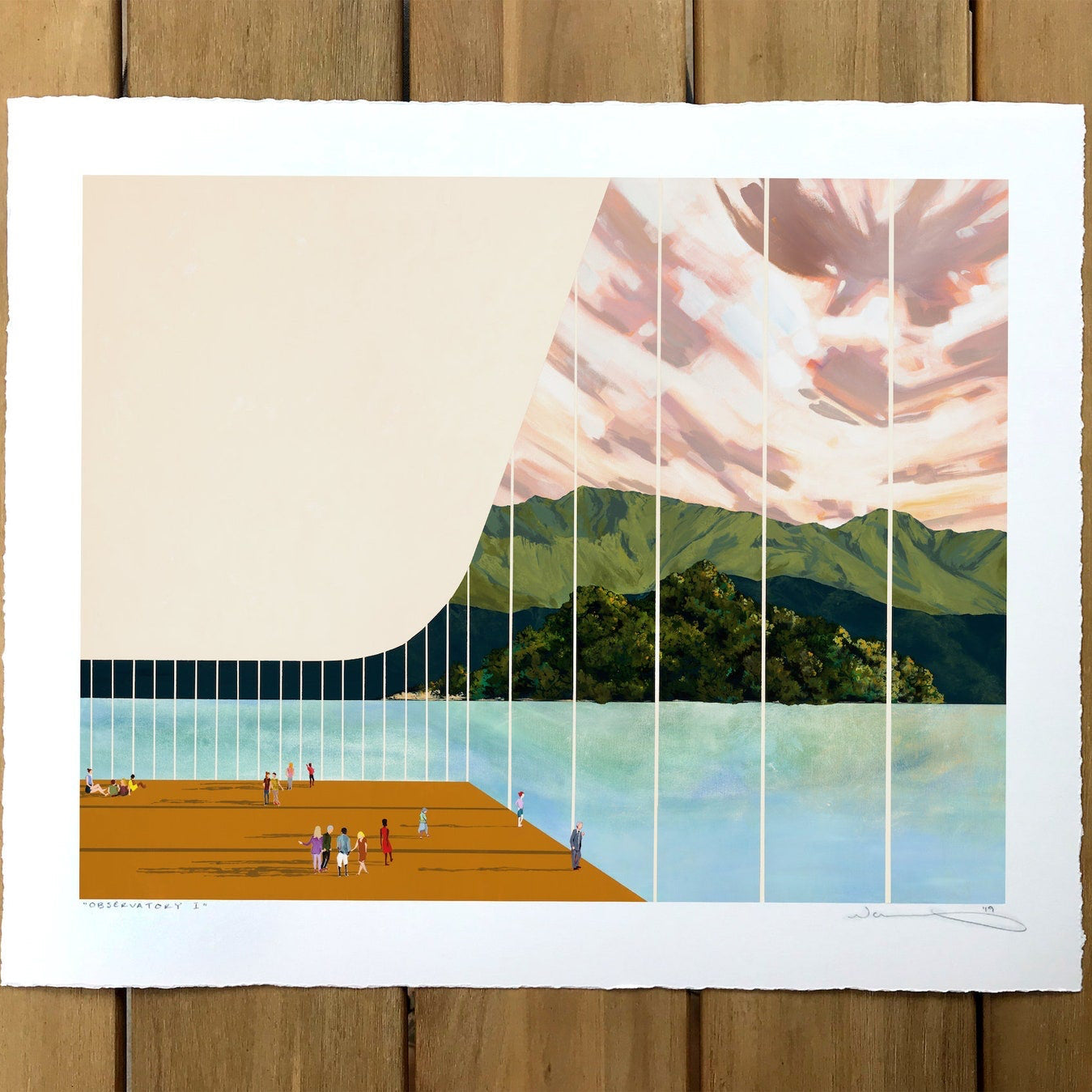 print shown against a wooden table.