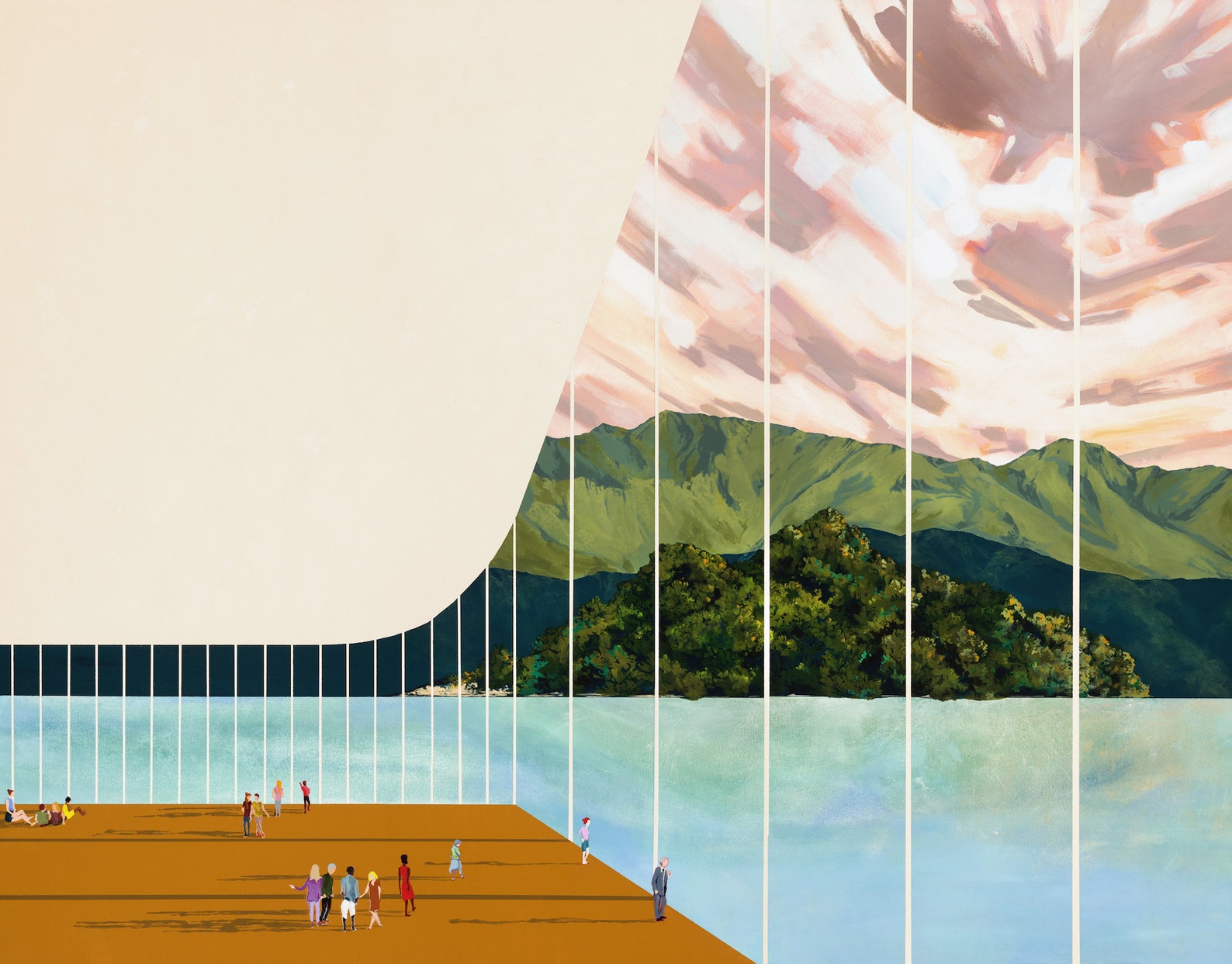 landscape with green mountain range and dramatic pink sky. has abstract elements.