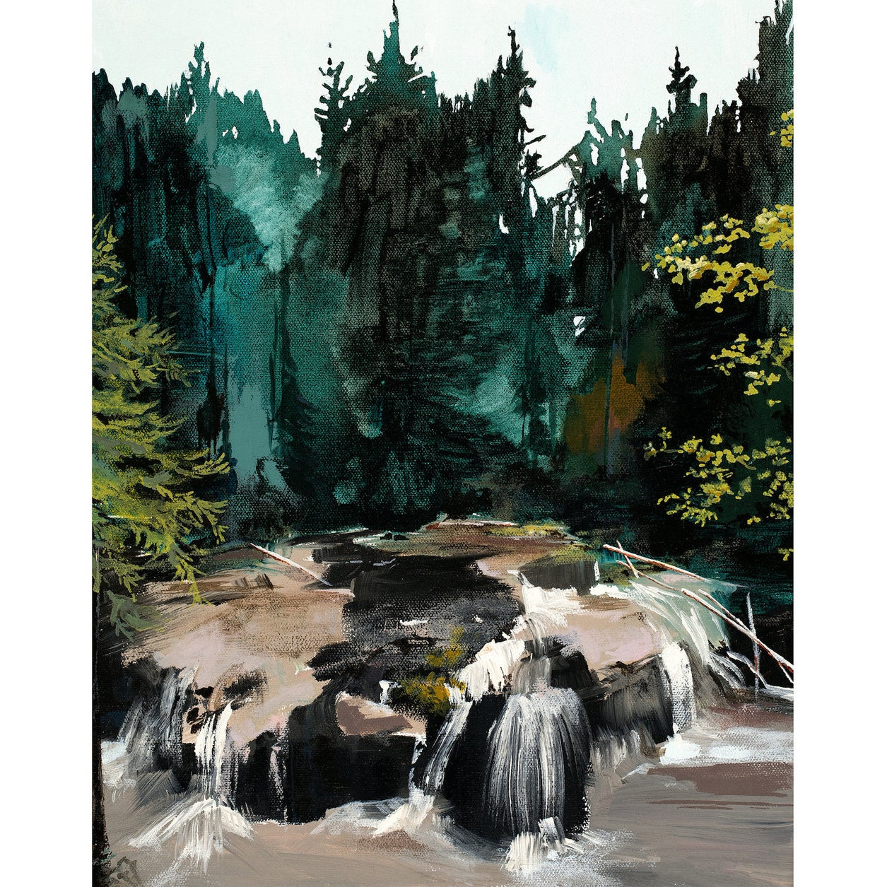 deep moody forest with river gushing forth over dark rocks.