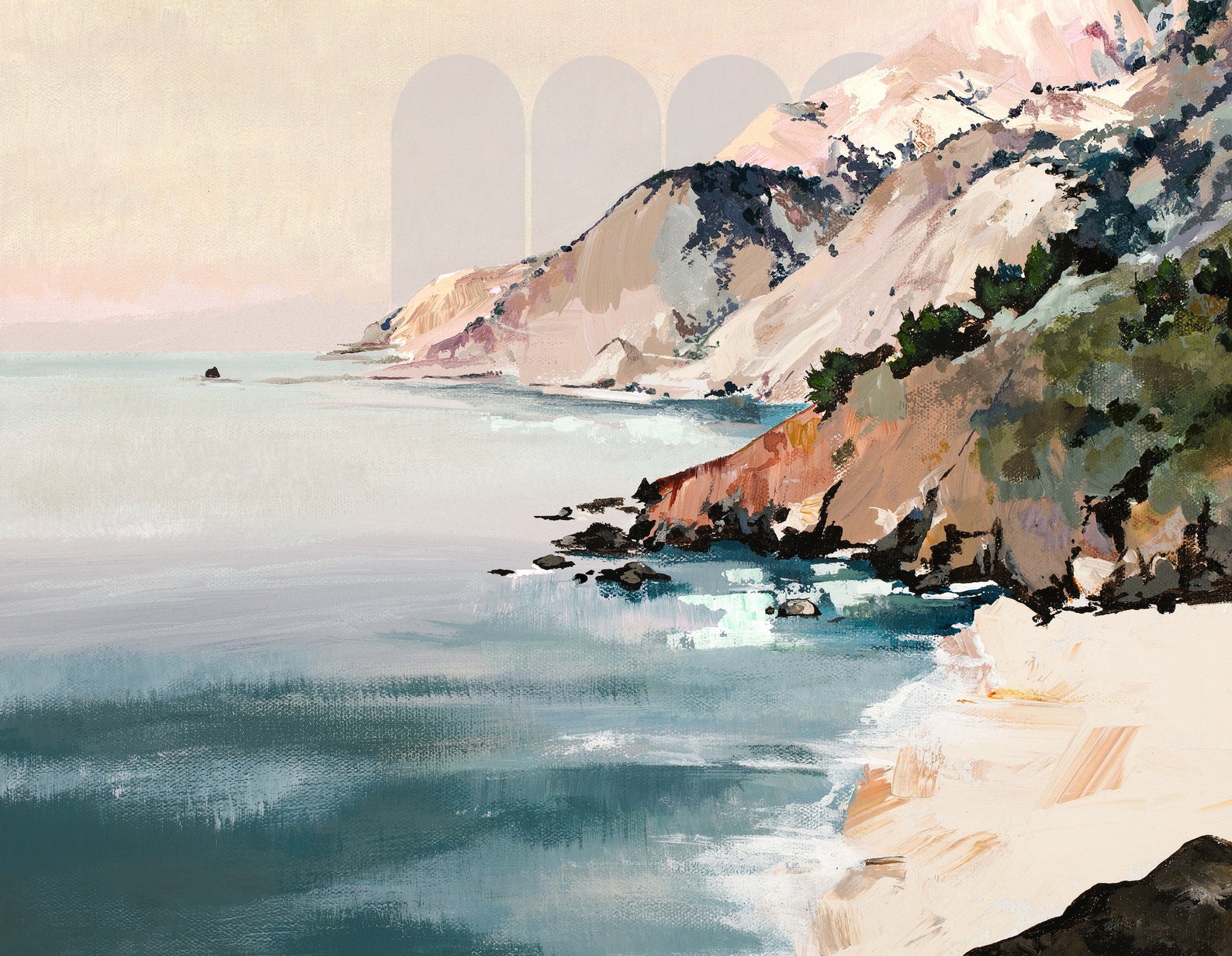 seaside landscape done is ethereal blues and pinky beiges.