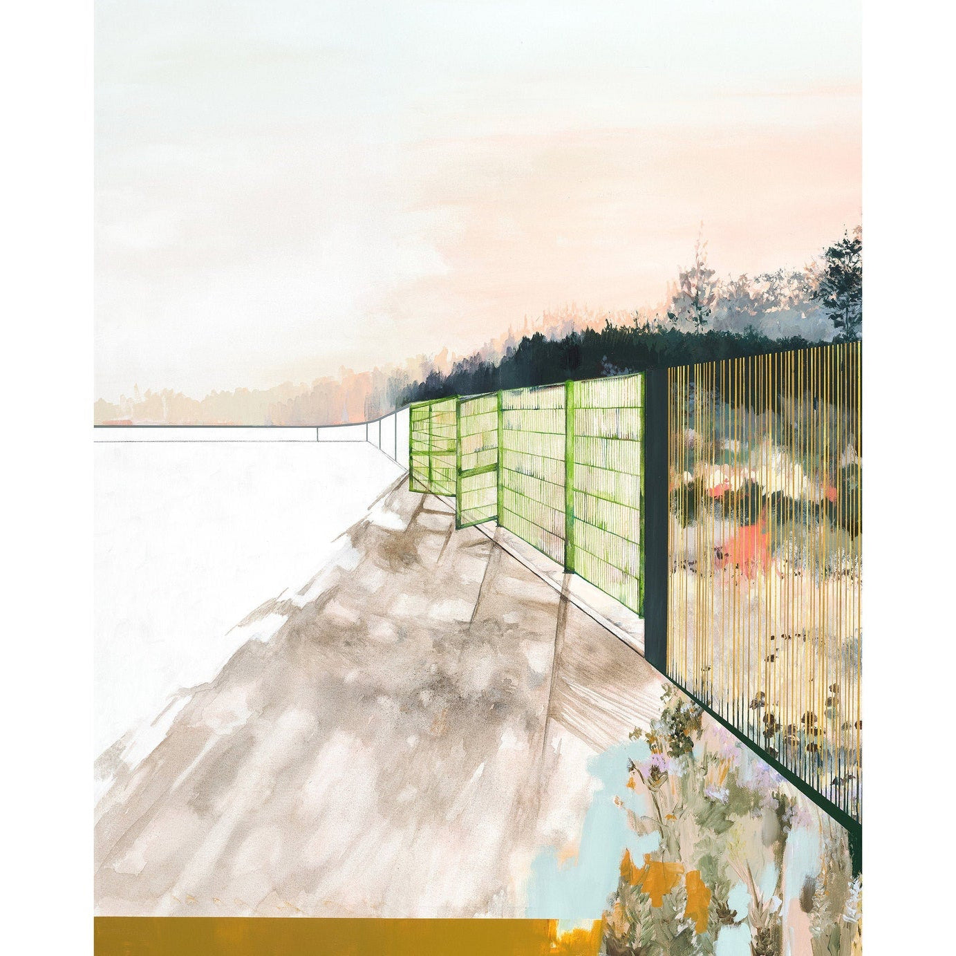 print shows dramatic shadows with a fence and foliage.