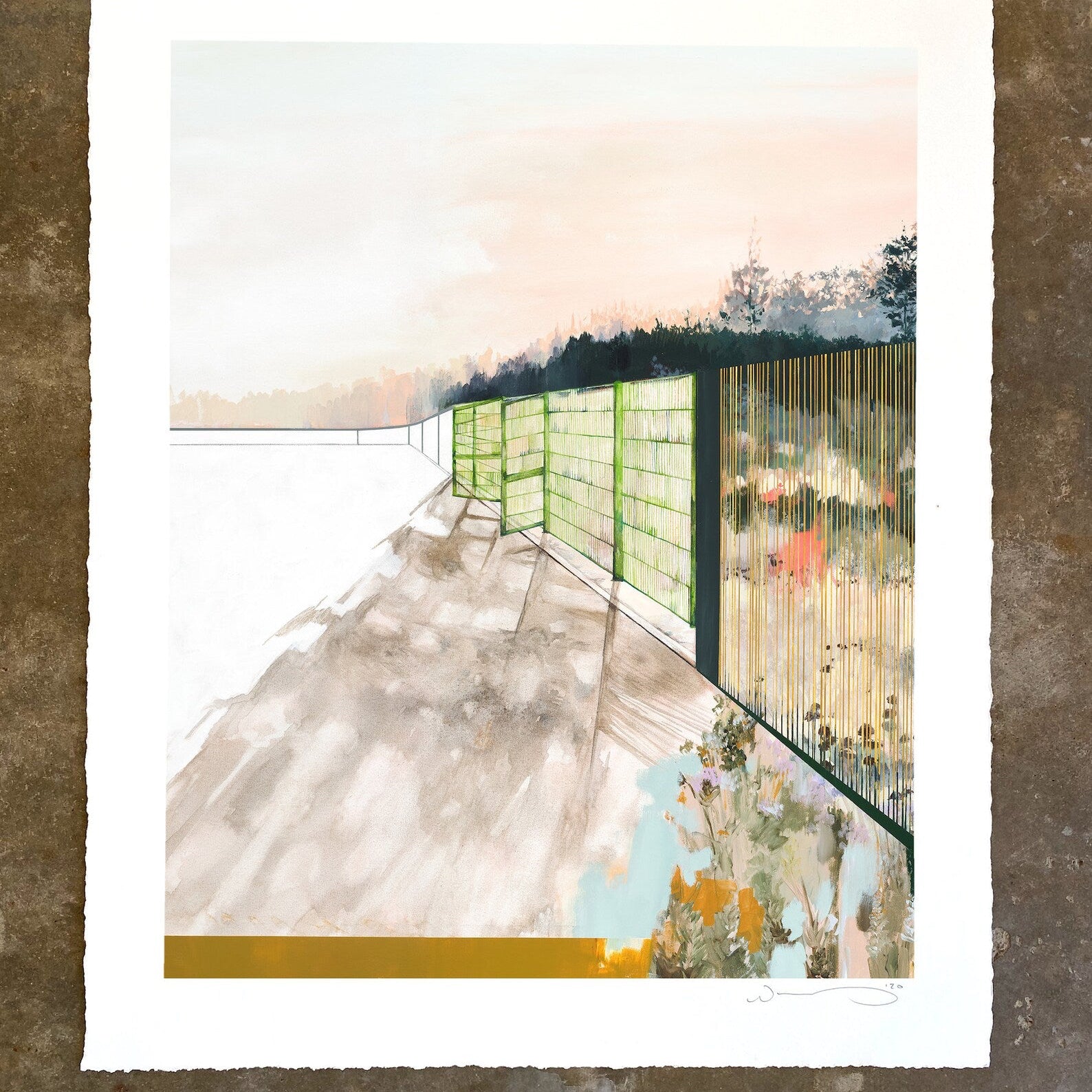 print shown against a cement background.