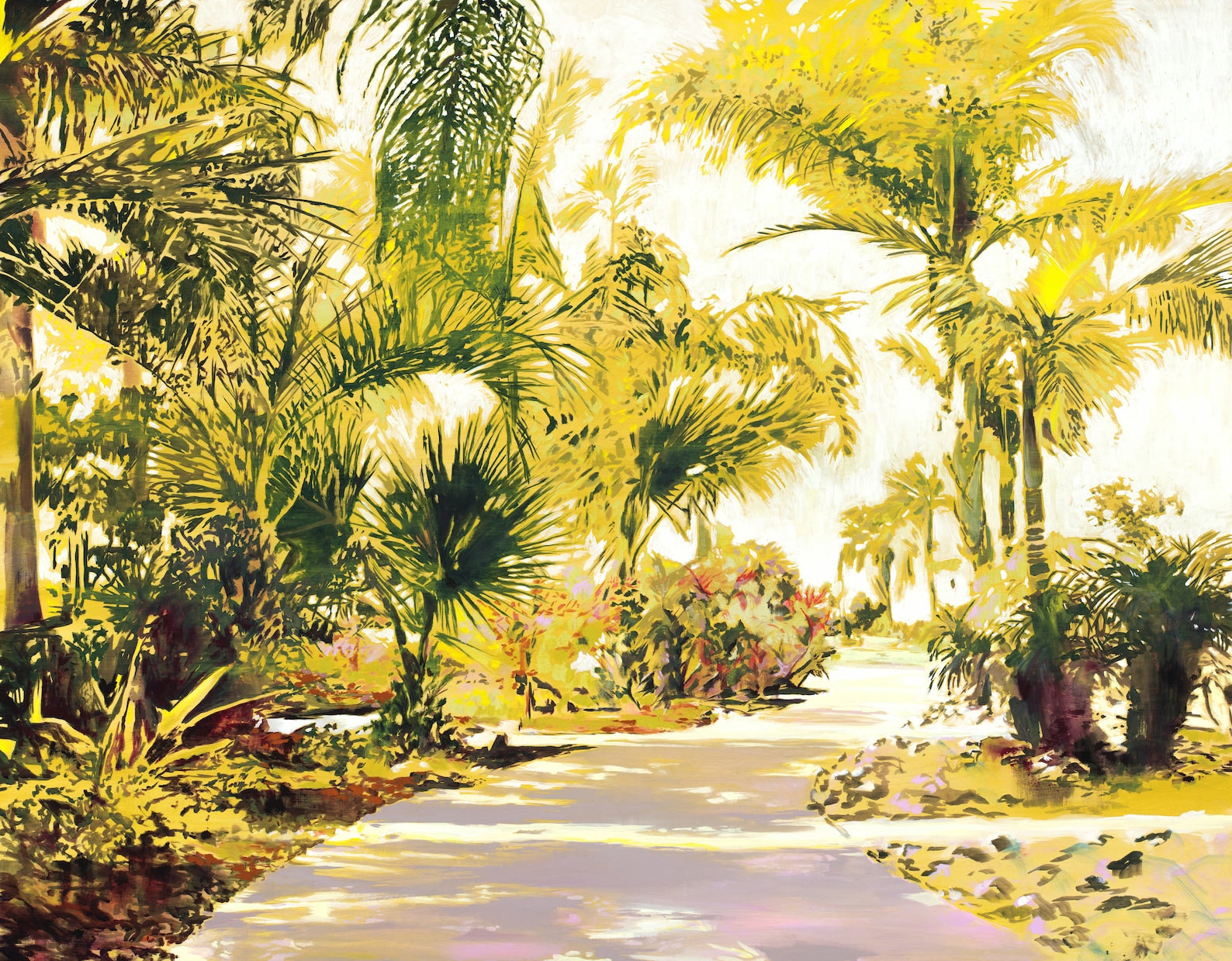 done in bright greens, this print is all bout light and shadow, showcasing fronds from palms and other plants.
