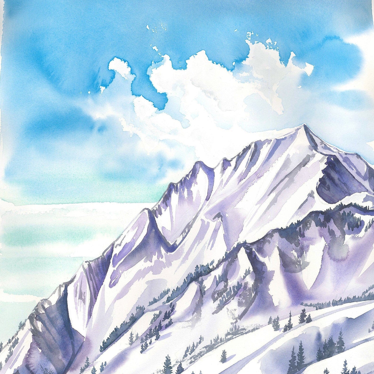 Zoomed in image on the top of the mountain range where a dramatic cloud is painted across the sky.