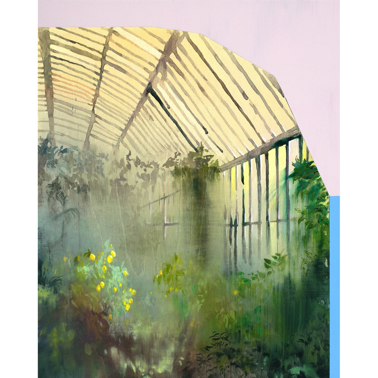 smeary humid greenhouse interior with greens and yellow sky.